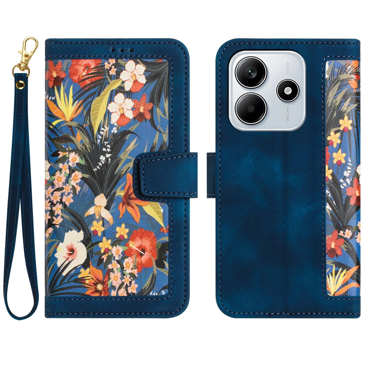 Für Xiaomi Redmi Note 14 5G Kunstleder Wallet Handy Tasche Blumen Design Hülle Etuis Dunkelblau