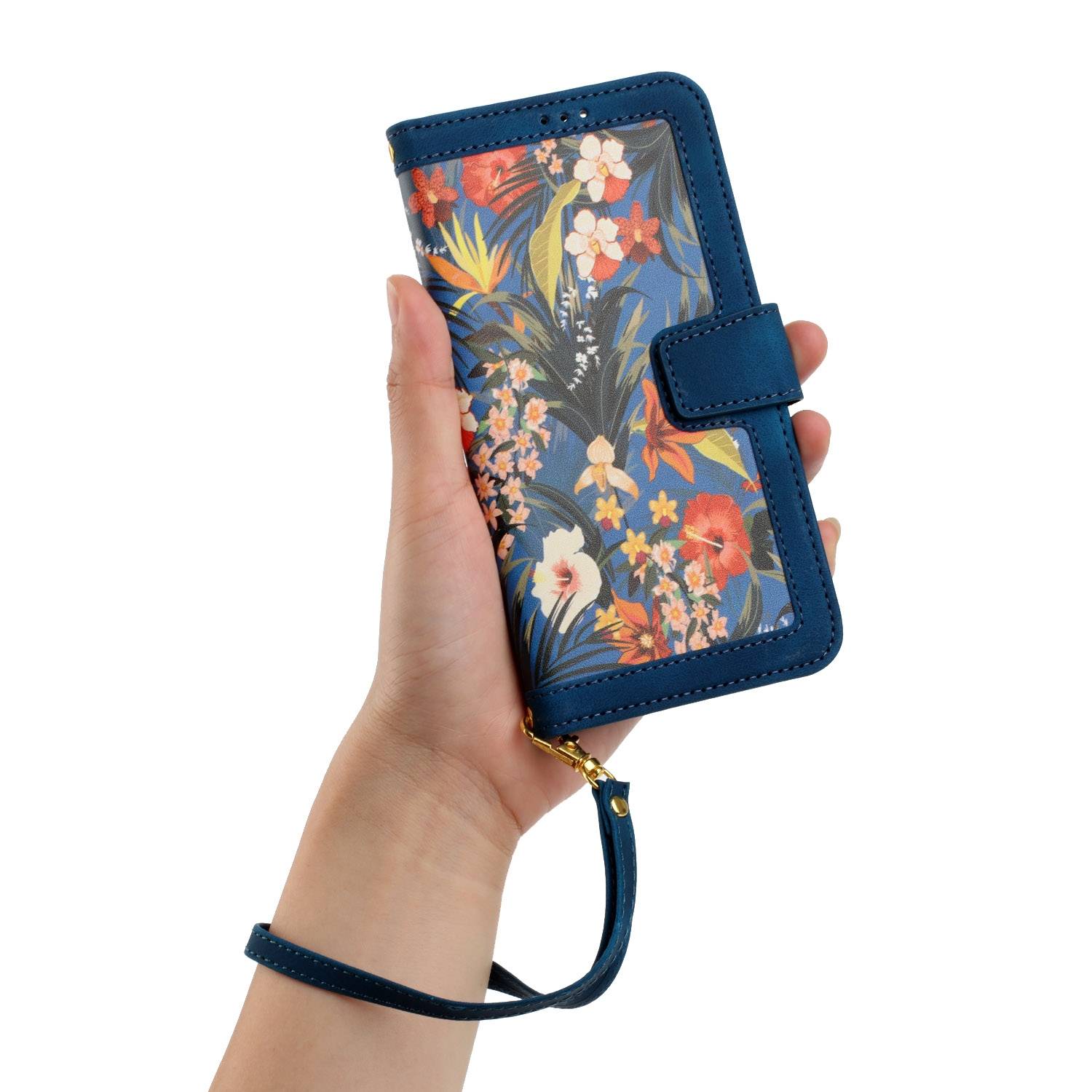Für Xiaomi Redmi Note 14 5G Kunstleder Wallet Handy Tasche Blumen Design Hülle Etuis Dunkelblau