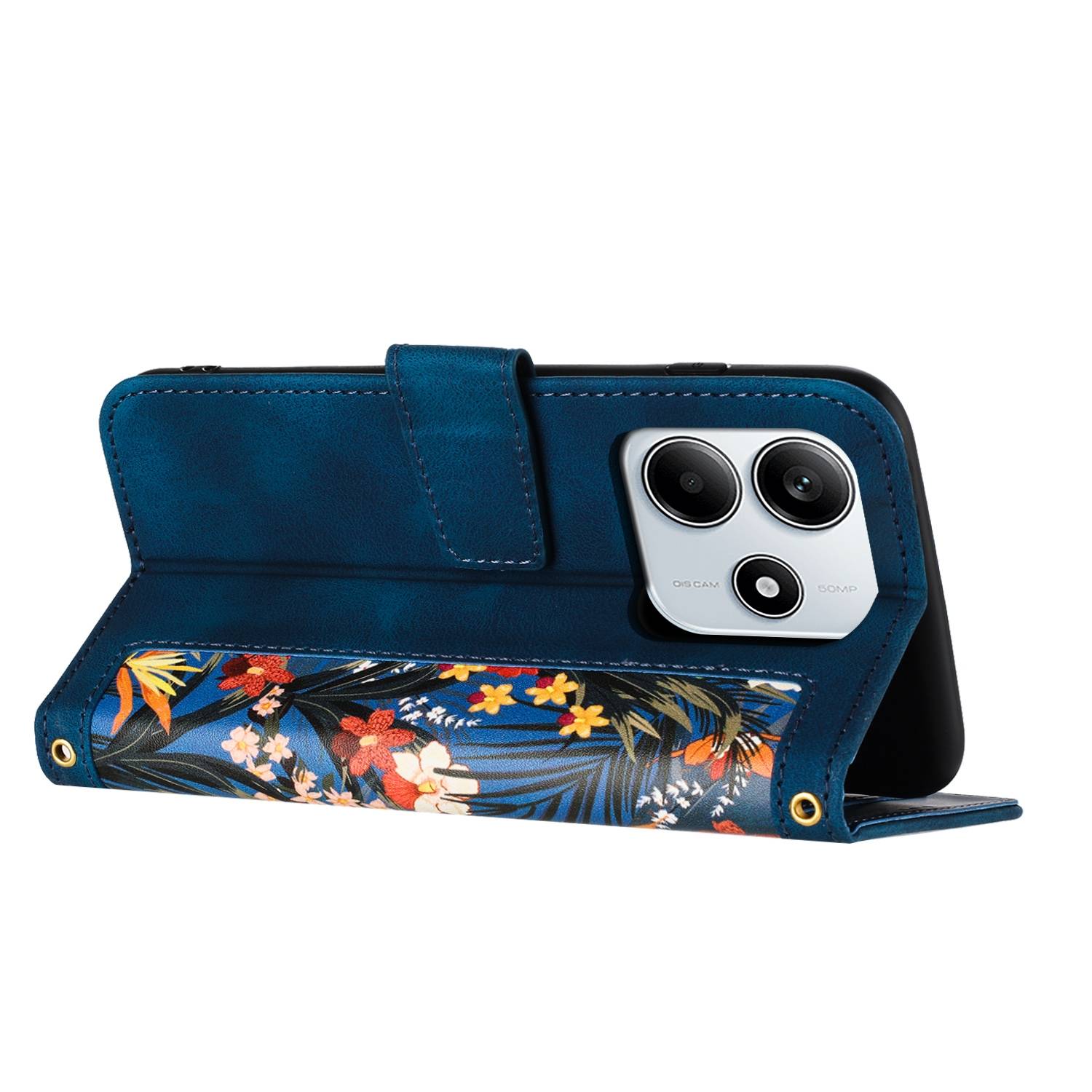 Für Xiaomi Redmi Note 14 5G Kunstleder Wallet Handy Tasche Blumen Design Hülle Etuis Dunkelblau