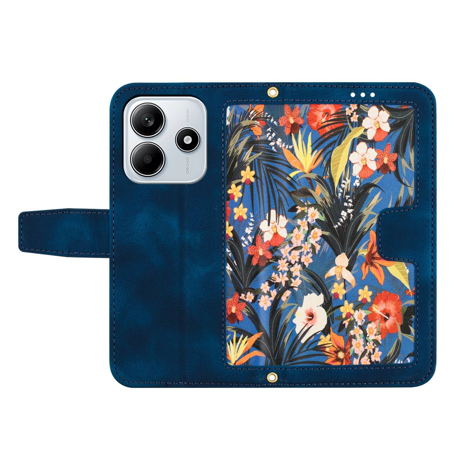 Für Xiaomi Redmi Note 14 5G Kunstleder Wallet Handy Tasche Blumen Design Hülle Etuis Dunkelblau