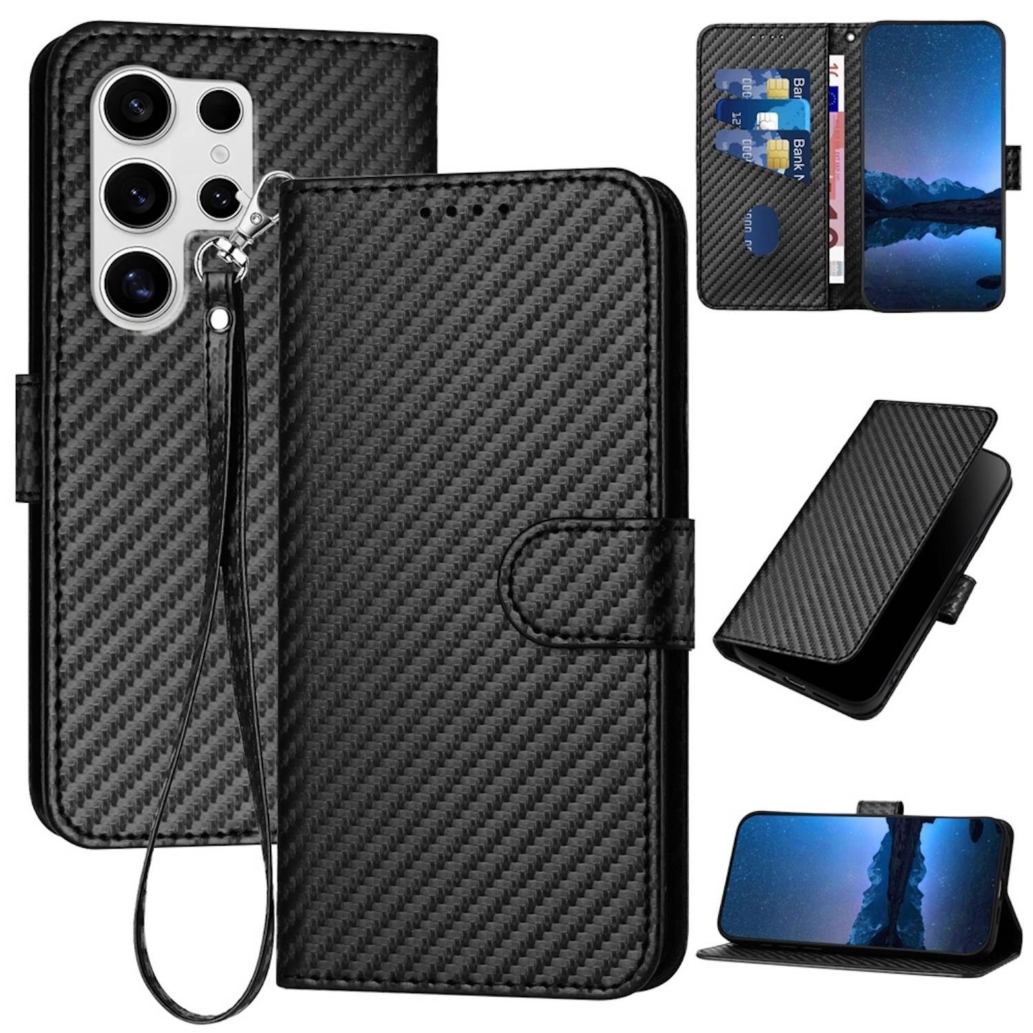 Für Samsung Galaxy S25 Ultra Carbon Fiber Kunstleder Hülle mit Lanyard Schwarz