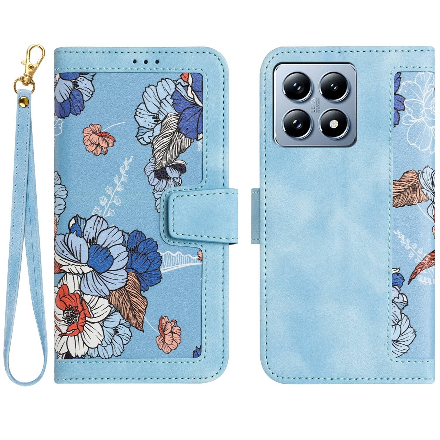 Für Xiaomi 14T Pro Kunstleder Wallet Handy Tasche Blumen Design Hülle Etuis Hellblau