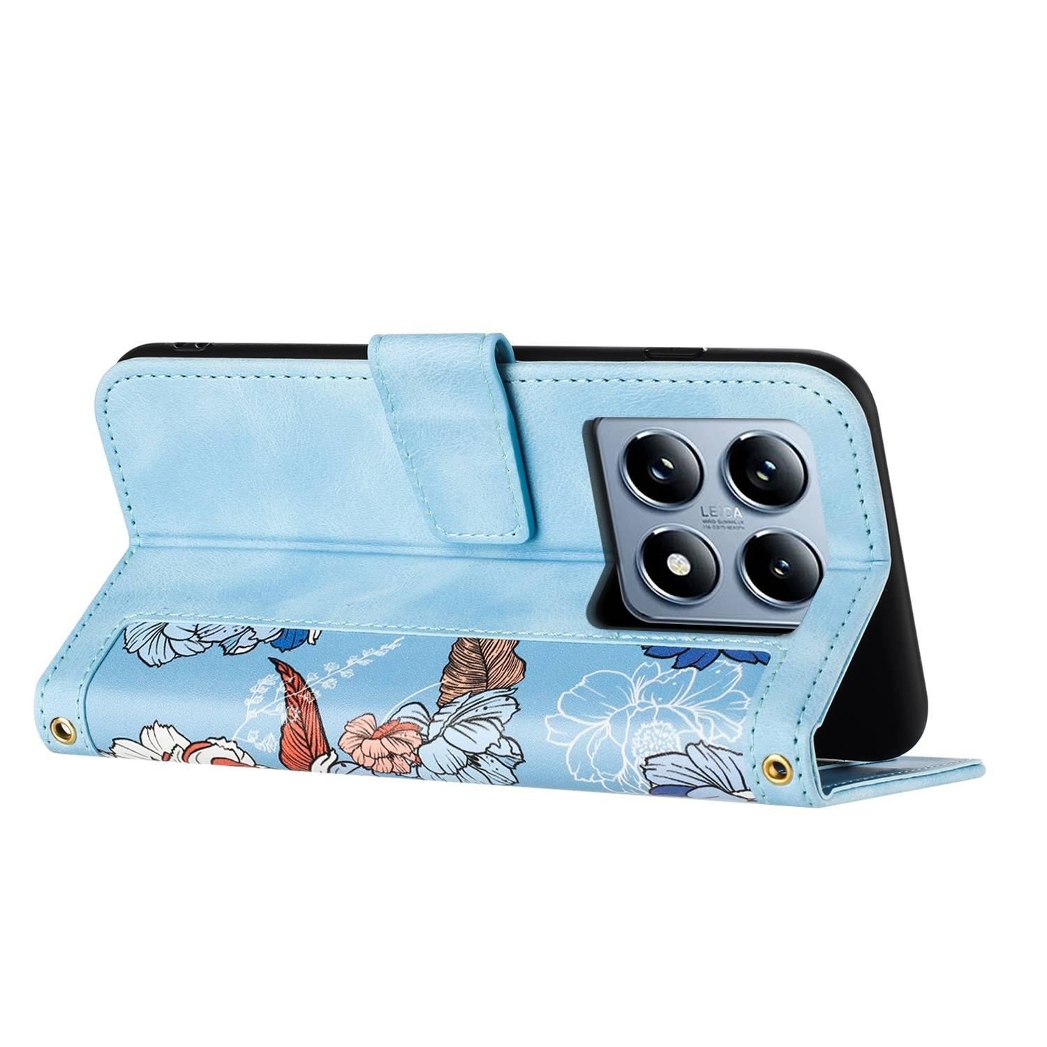 Für Xiaomi 14T Kunstleder Wallet Handy Tasche Blumen Design Hülle Etuis Hellblau