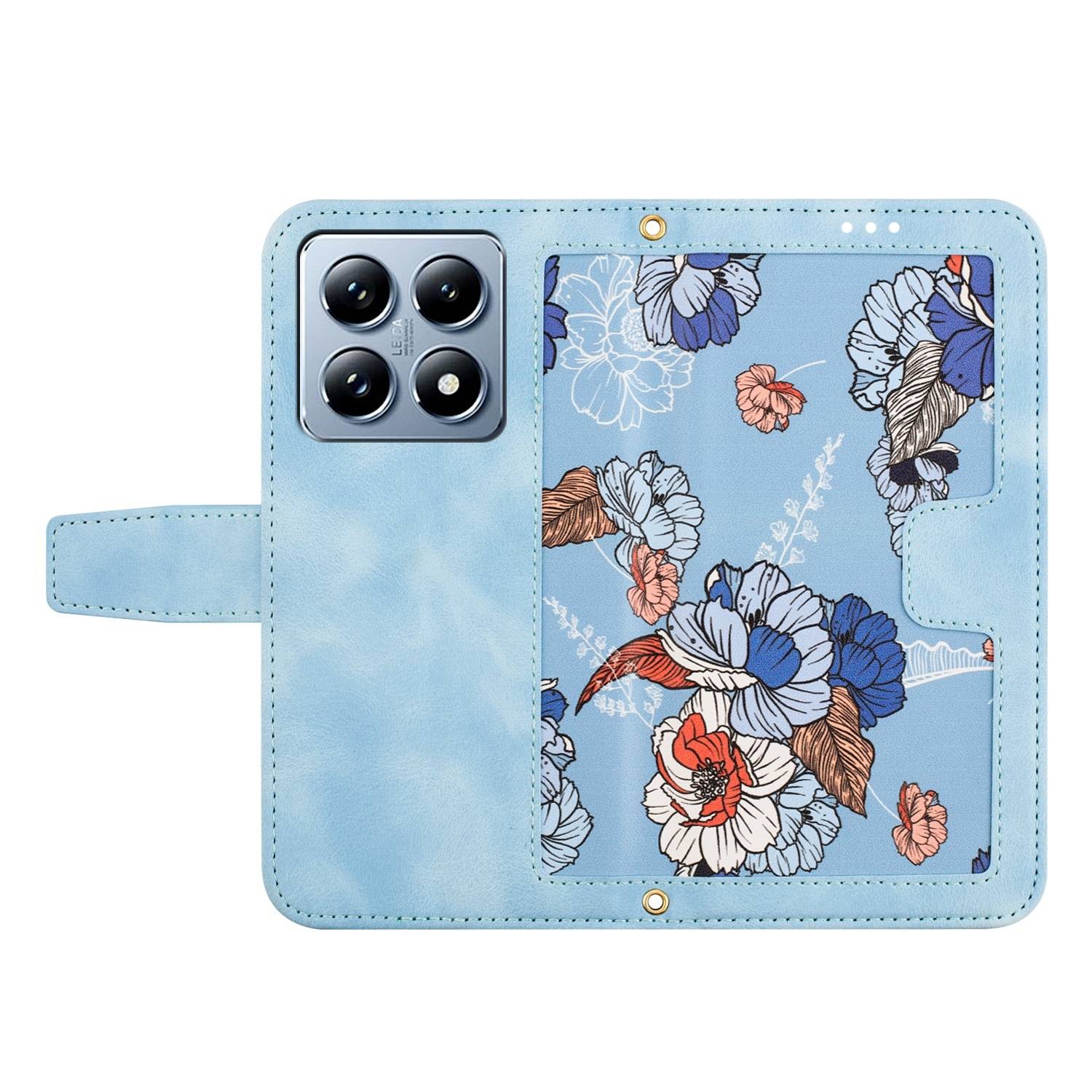 Für Xiaomi 14T Kunstleder Wallet Handy Tasche Blumen Design Hülle Etuis Hellblau