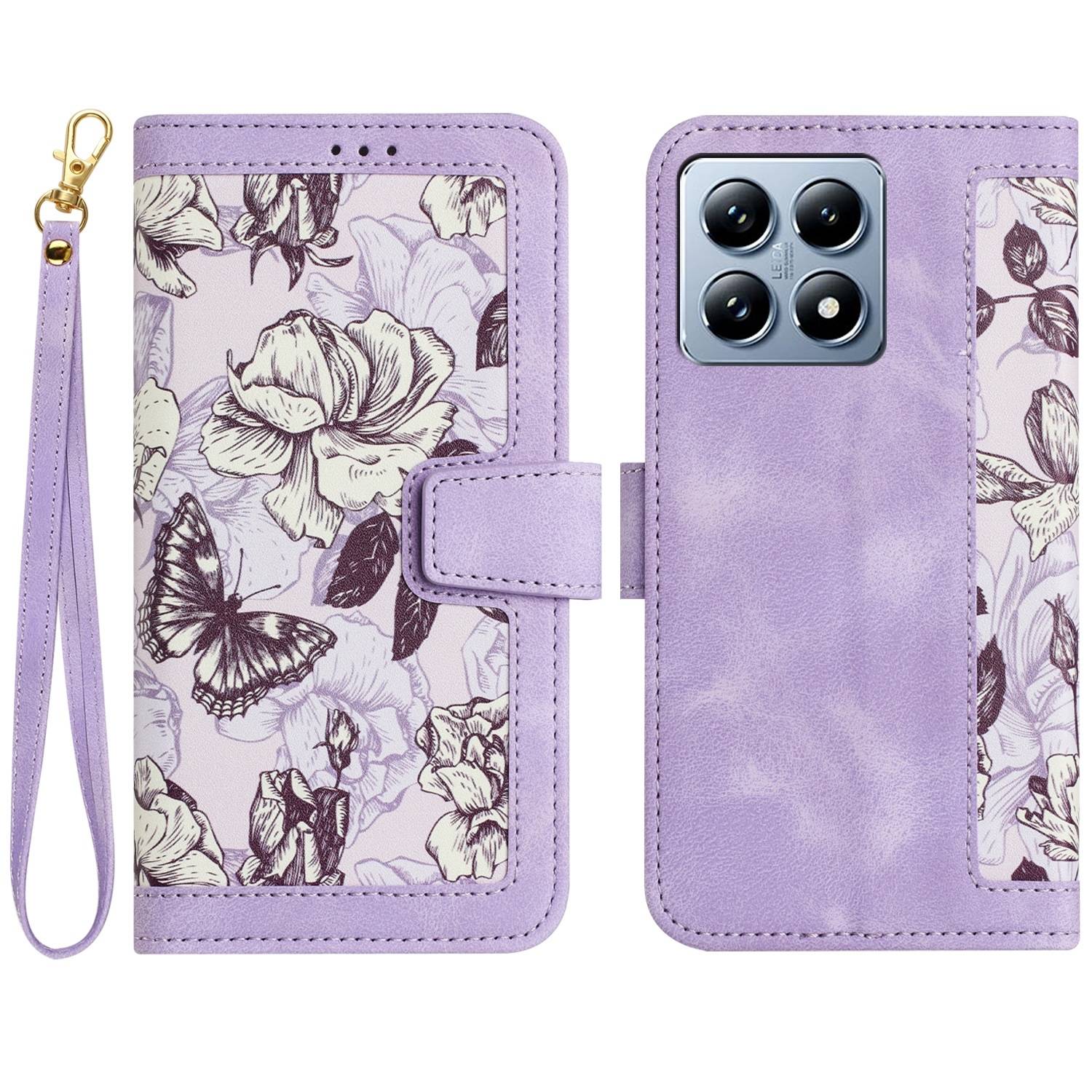 Für Xiaomi 14T Kunstleder Wallet Handy Tasche Blumen Design Hülle Etuis Lila