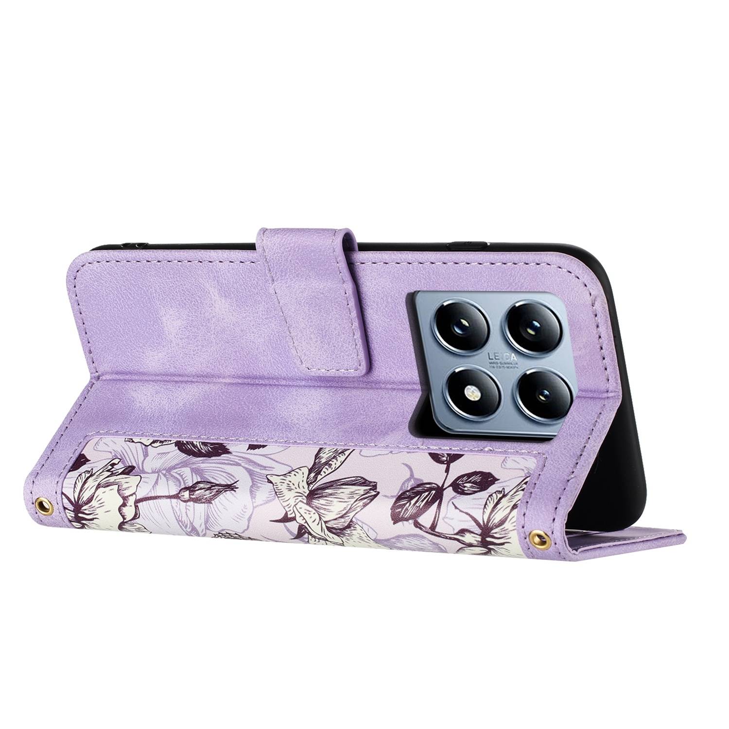 Für Xiaomi 14T Kunstleder Wallet Handy Tasche Blumen Design Hülle Etuis Lila