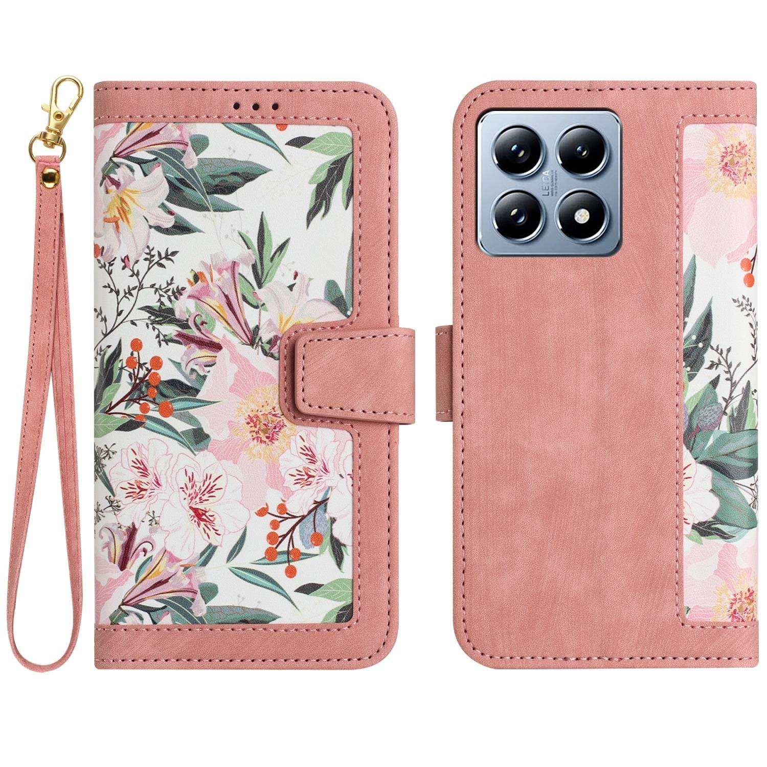 Für Xiaomi 14T Kunstleder Wallet Handy Tasche Blumen Design Hülle Etuis Rosa