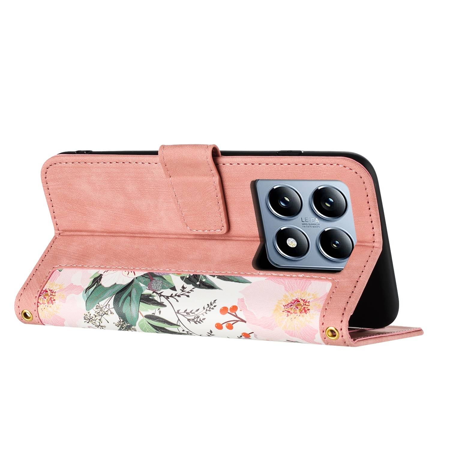 Für Xiaomi 14T Kunstleder Wallet Handy Tasche Blumen Design Hülle Etuis Rosa