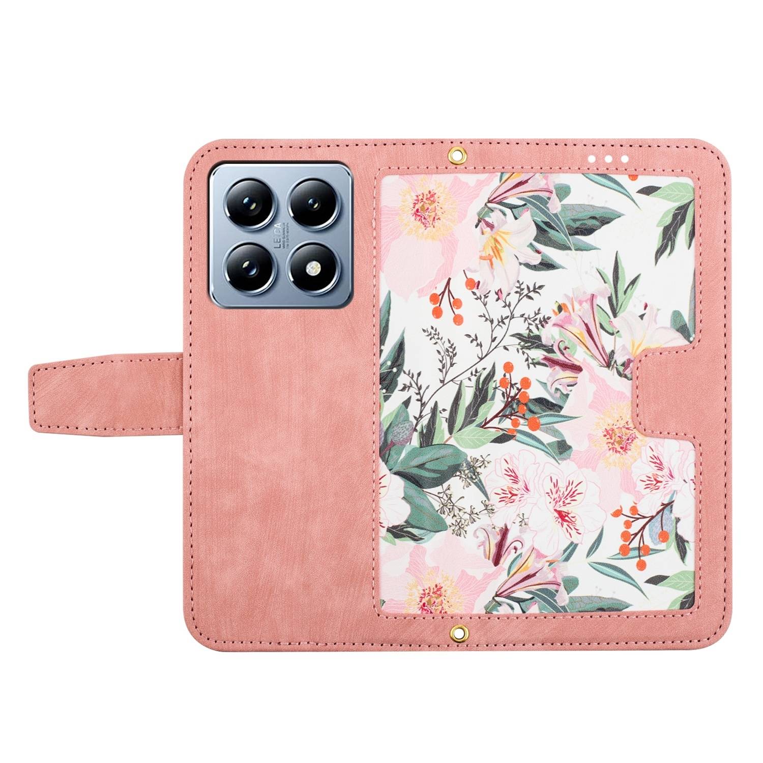 Für Xiaomi 14T Kunstleder Wallet Handy Tasche Blumen Design Hülle Etuis Rosa