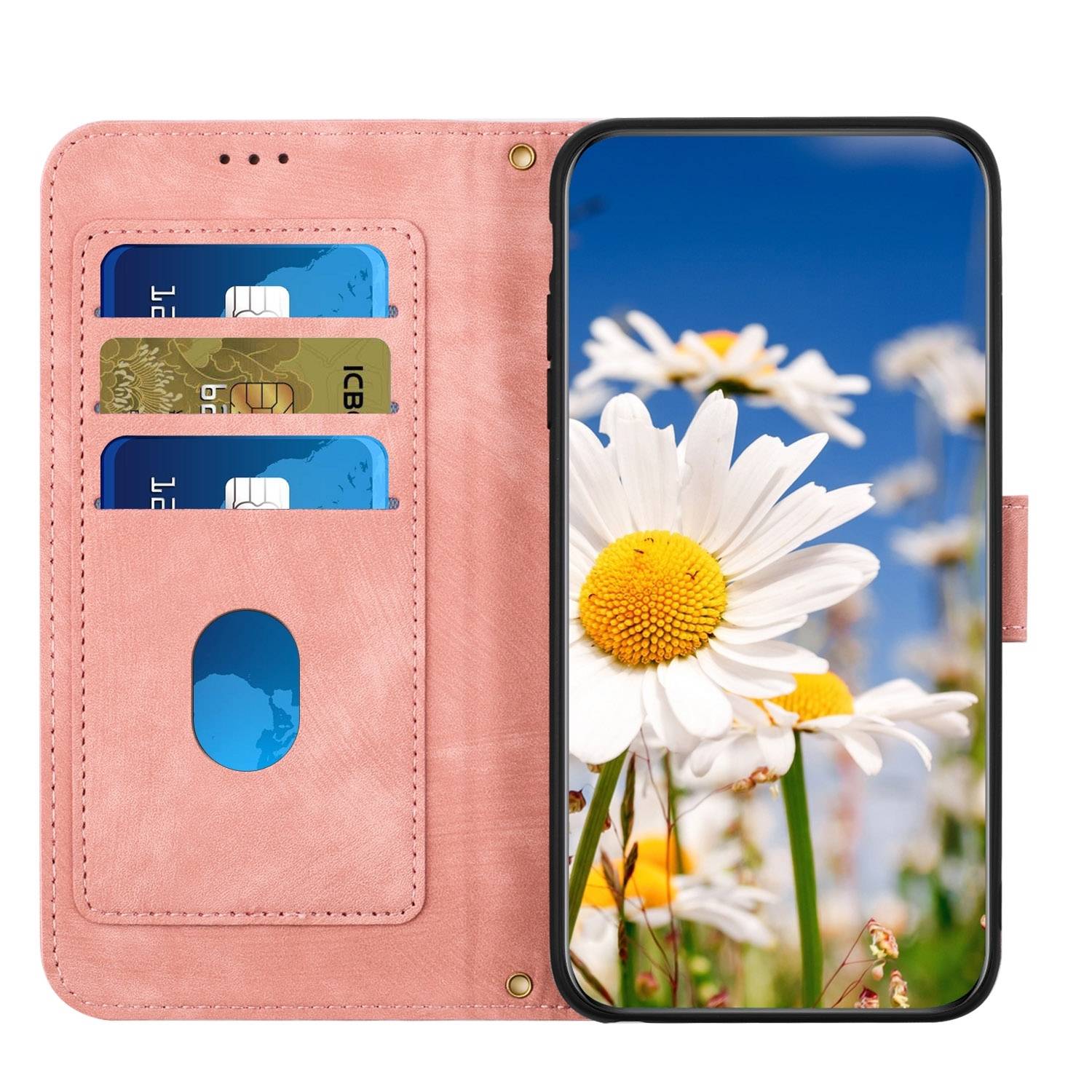 Für Xiaomi 14T Kunstleder Wallet Handy Tasche Blumen Design Hülle Etuis Rosa