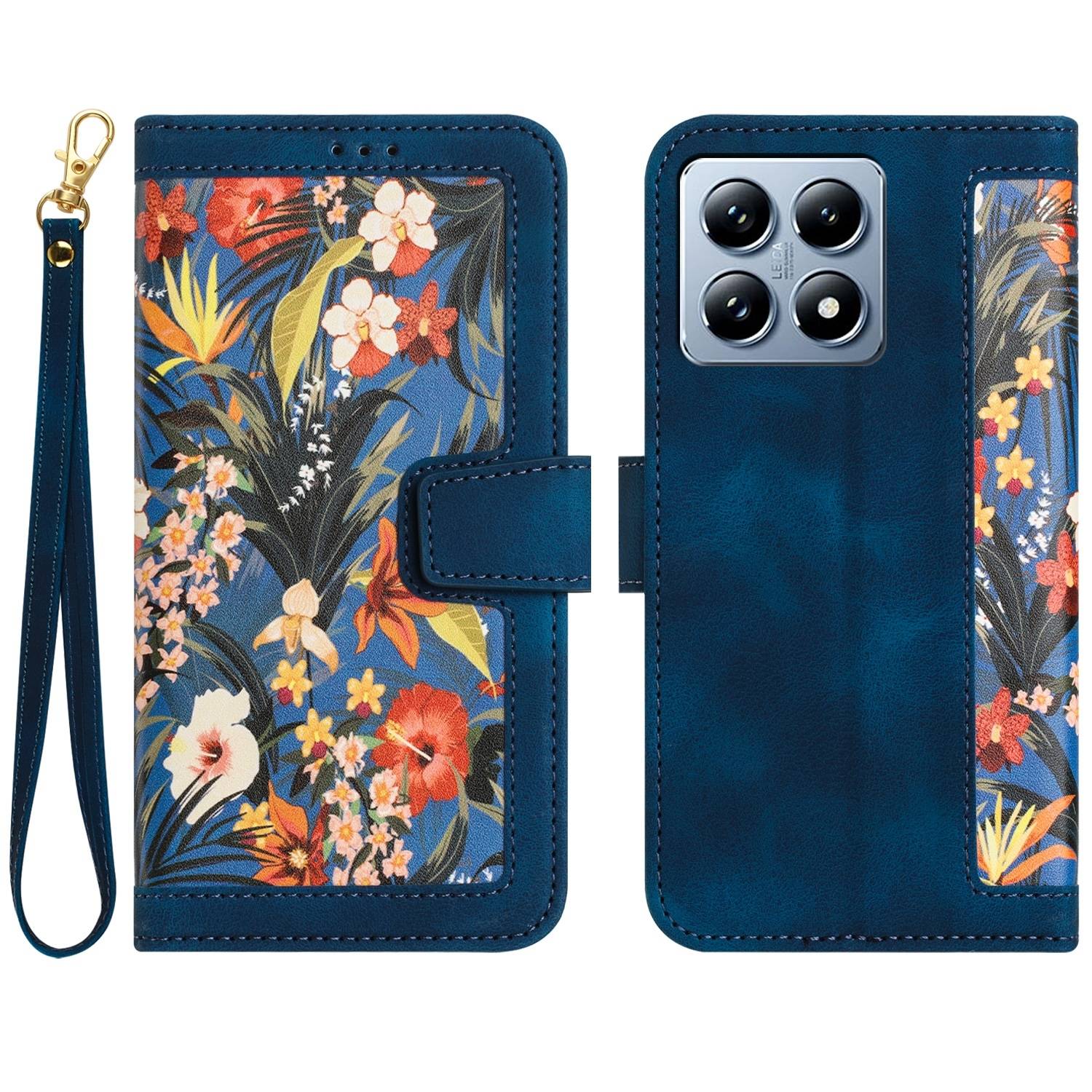 Für Xiaomi 14T Kunstleder Wallet Handy Tasche Blumen Design Hülle Etuis Dunkelblau