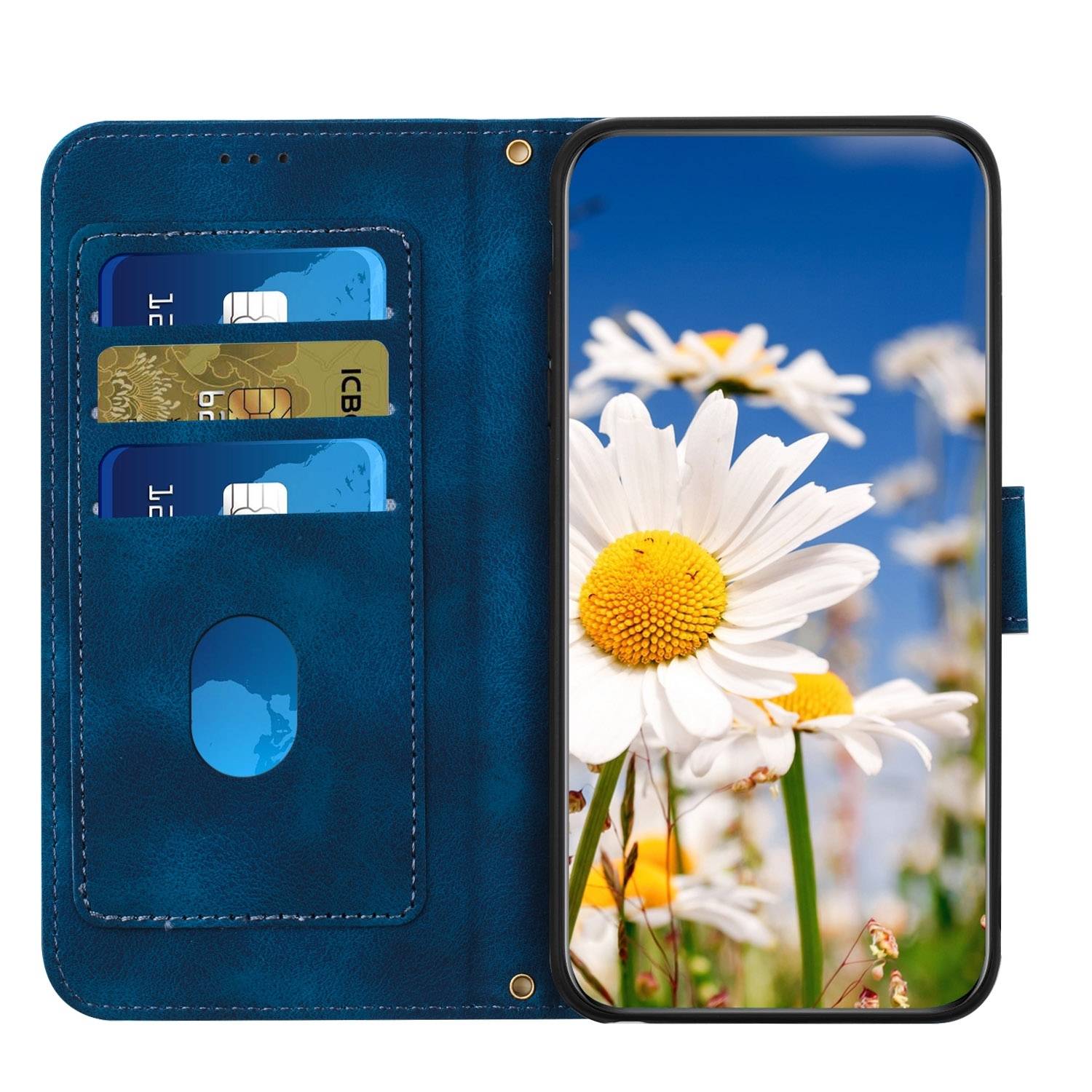Für Samsung Galaxy S25 5G Kunstleder Wallet Handy Tasche Blumen Design Hülle Etuis Dunkelblau