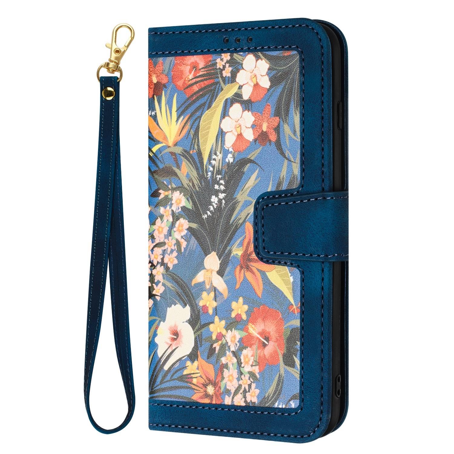 Für Samsung Galaxy S25 5G Kunstleder Wallet Handy Tasche Blumen Design Hülle Etuis Dunkelblau