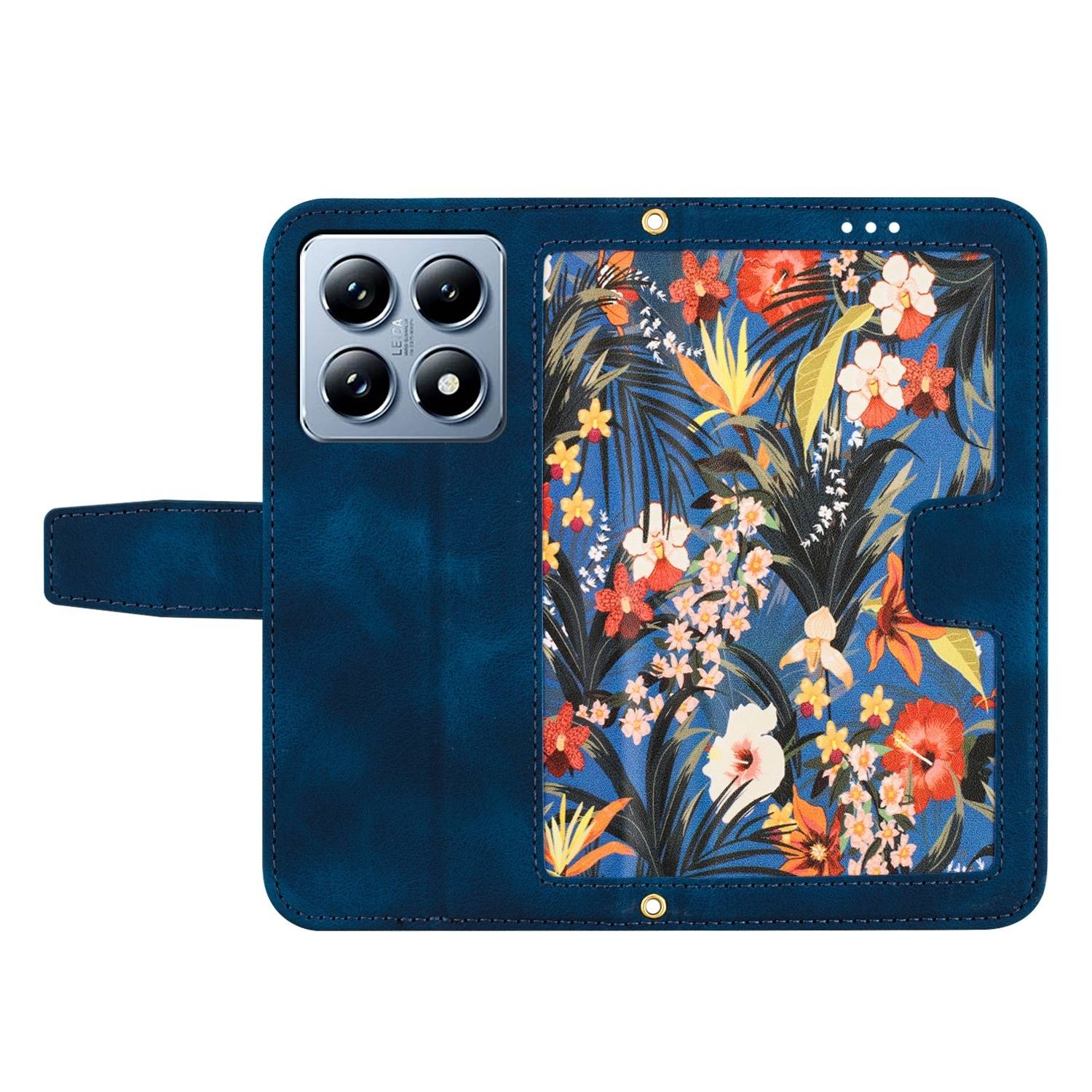 Für Xiaomi 14T Kunstleder Wallet Handy Tasche Blumen Design Hülle Etuis Dunkelblau