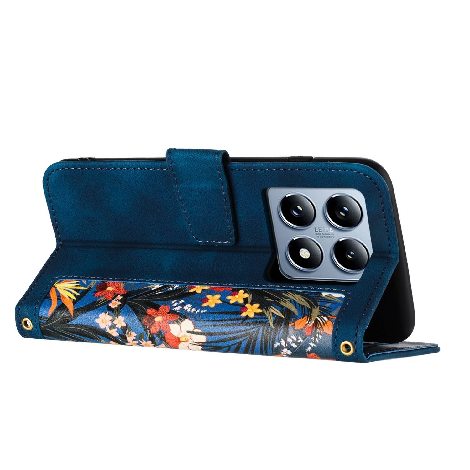 Für Xiaomi 14T Kunstleder Wallet Handy Tasche Blumen Design Hülle Etuis Dunkelblau