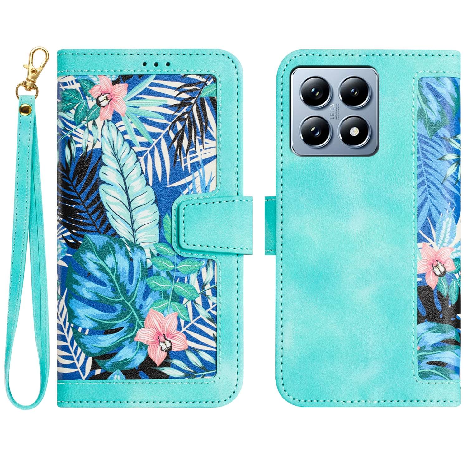 Für Xiaomi 14T Pro Kunstleder Wallet Handy Tasche Blumen Design Hülle Etuis Grün