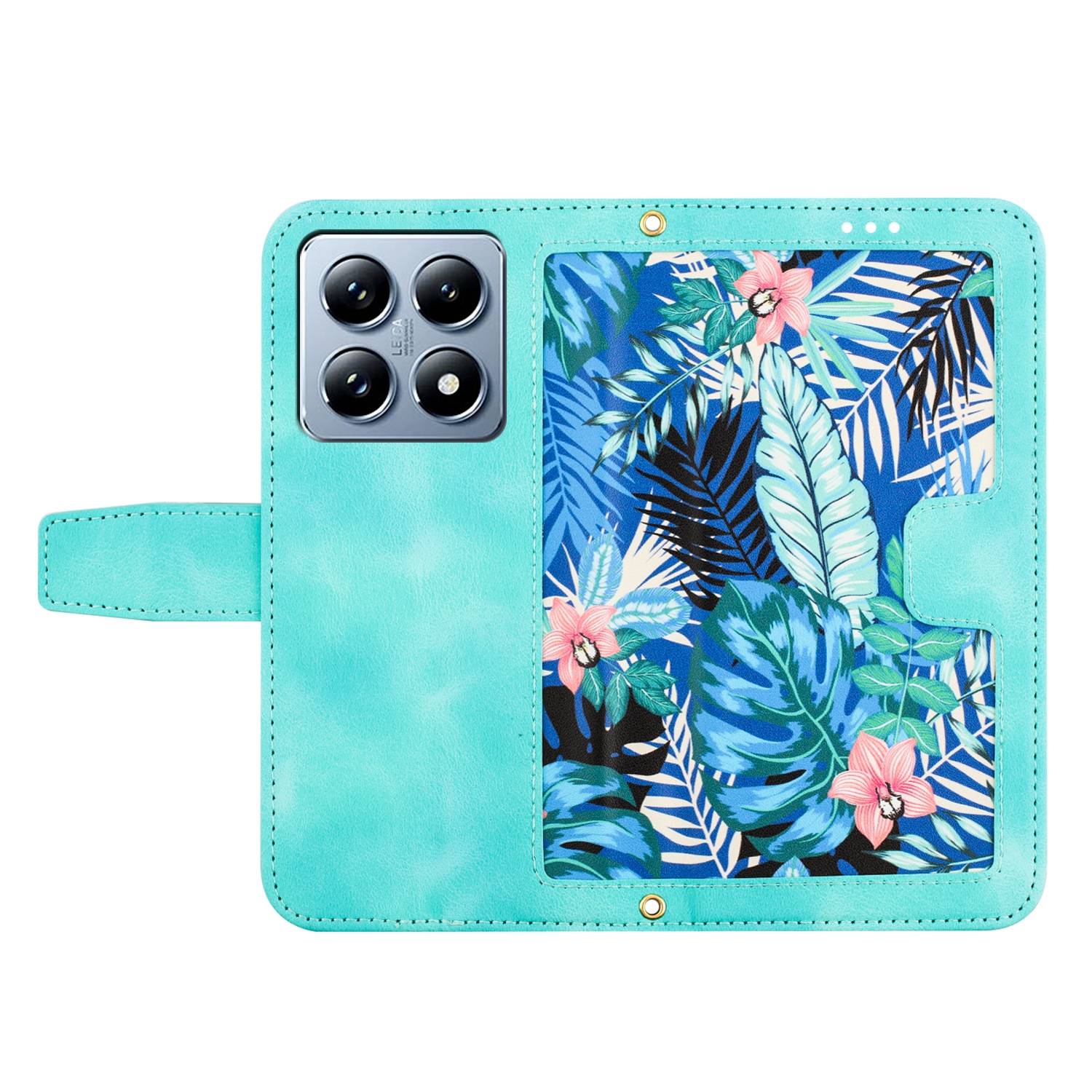 Für Xiaomi 14T Pro Kunstleder Wallet Handy Tasche Blumen Design Hülle Etuis Grün