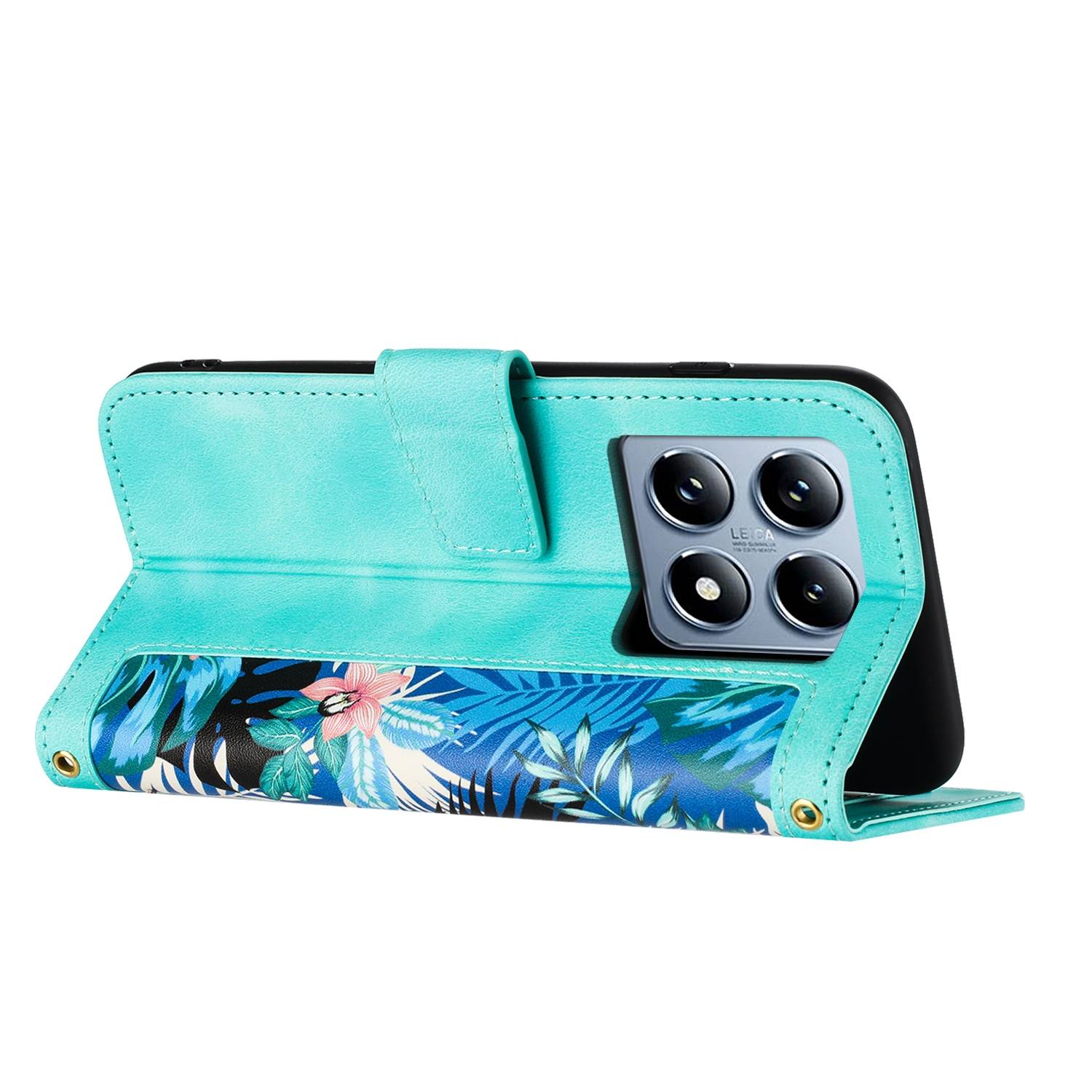 Für Xiaomi 14T Pro Kunstleder Wallet Handy Tasche Blumen Design Hülle Etuis Grün