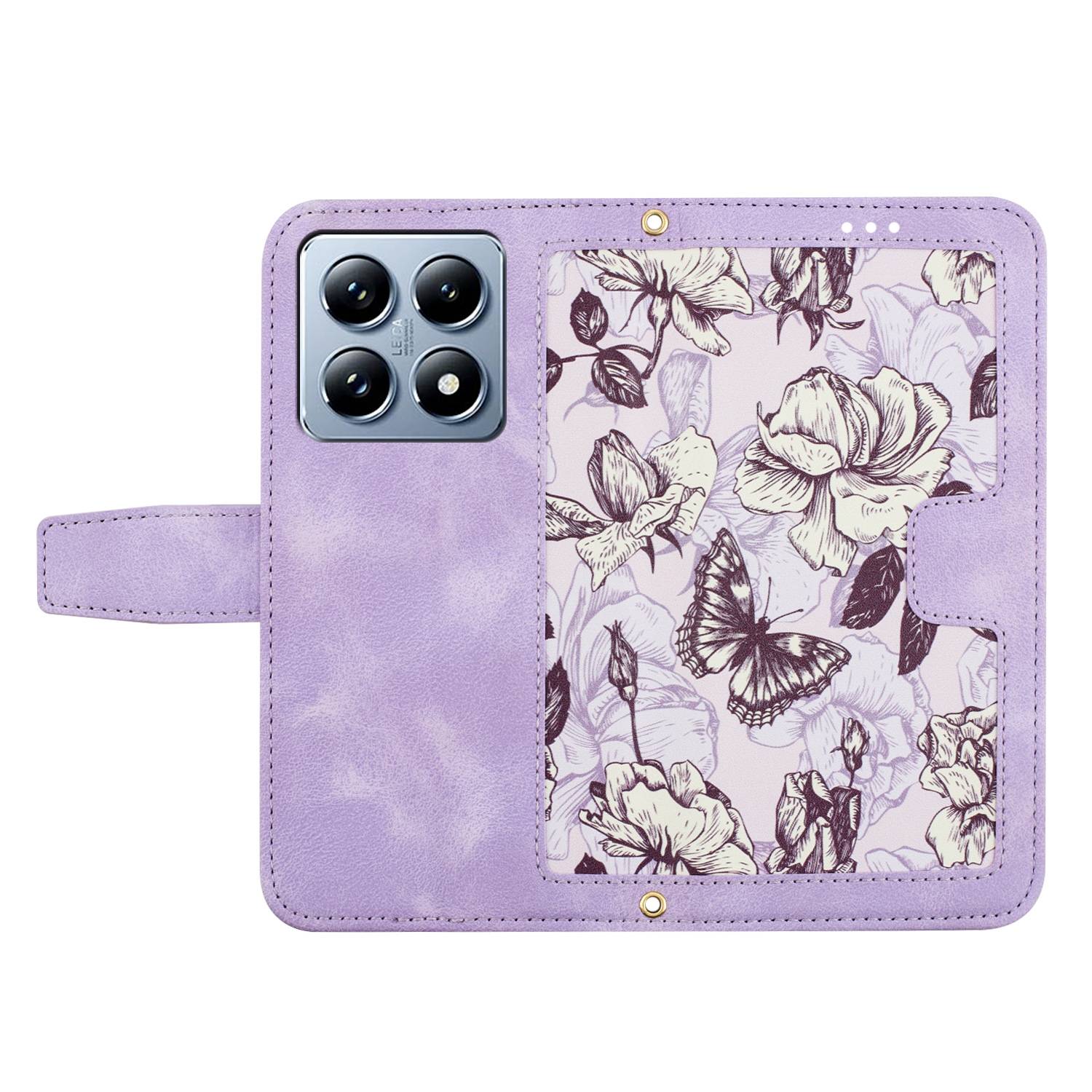 Für Xiaomi 14T Pro Kunstleder Wallet Handy Tasche Blumen Design Hülle Etuis Lila