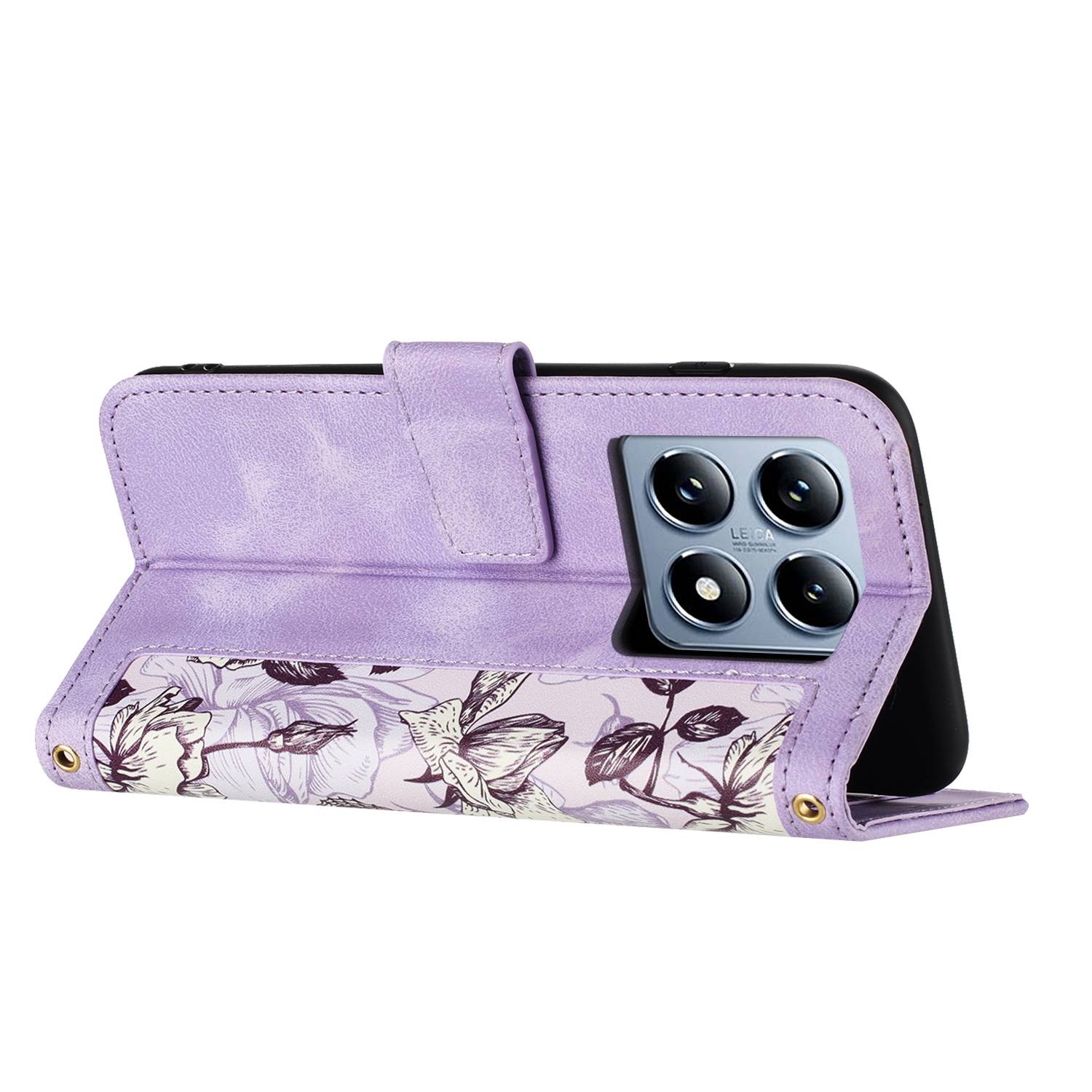 Für Xiaomi 14T Pro Kunstleder Wallet Handy Tasche Blumen Design Hülle Etuis Lila