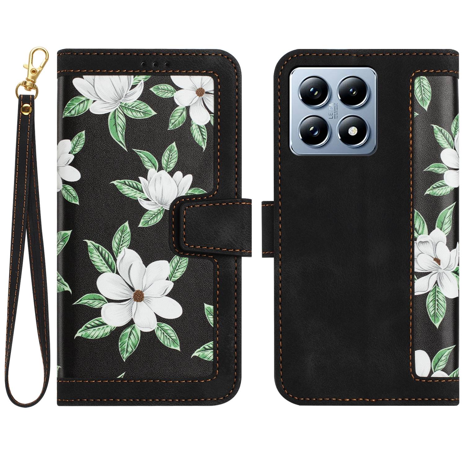 Für Xiaomi 14T Pro Kunstleder Wallet Handy Tasche Blumen Design Hülle Etuis Schwarz