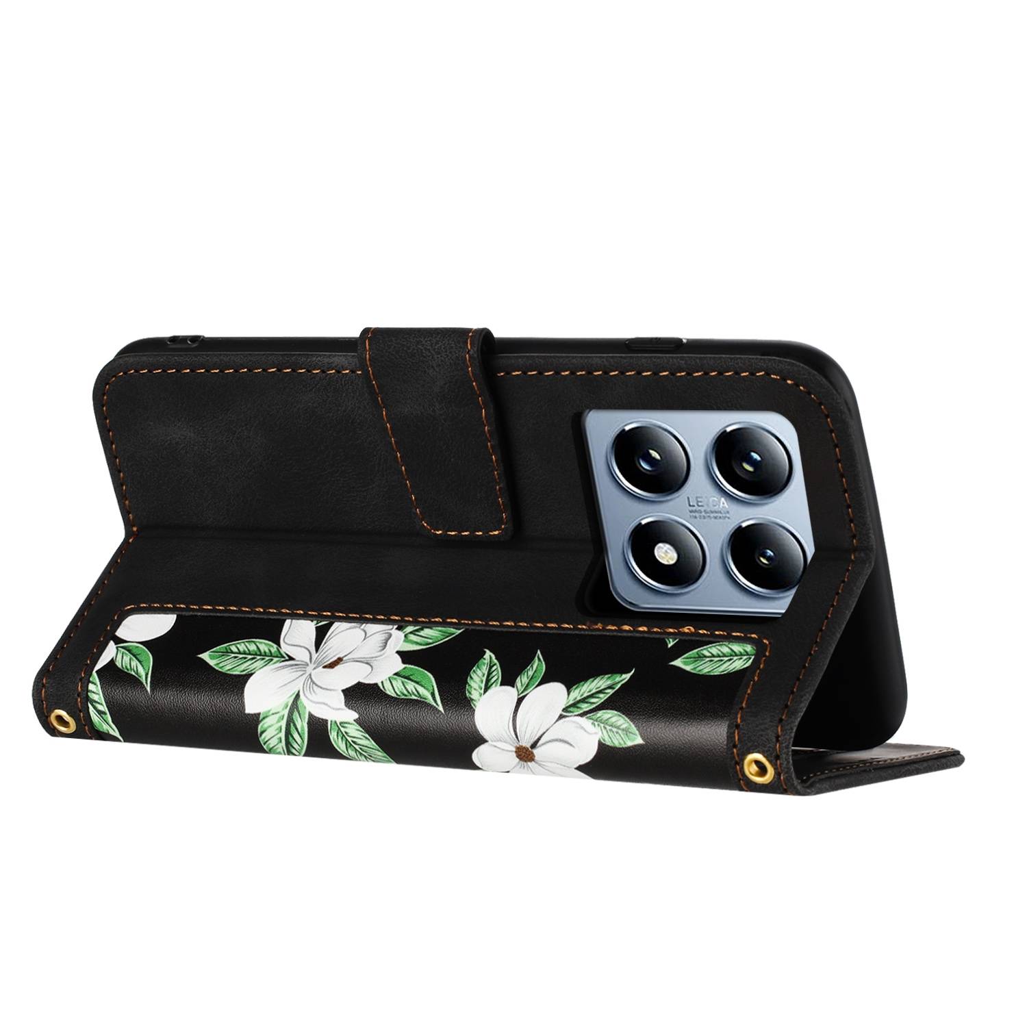 Für Xiaomi 14T Pro Kunstleder Wallet Handy Tasche Blumen Design Hülle Etuis Schwarz