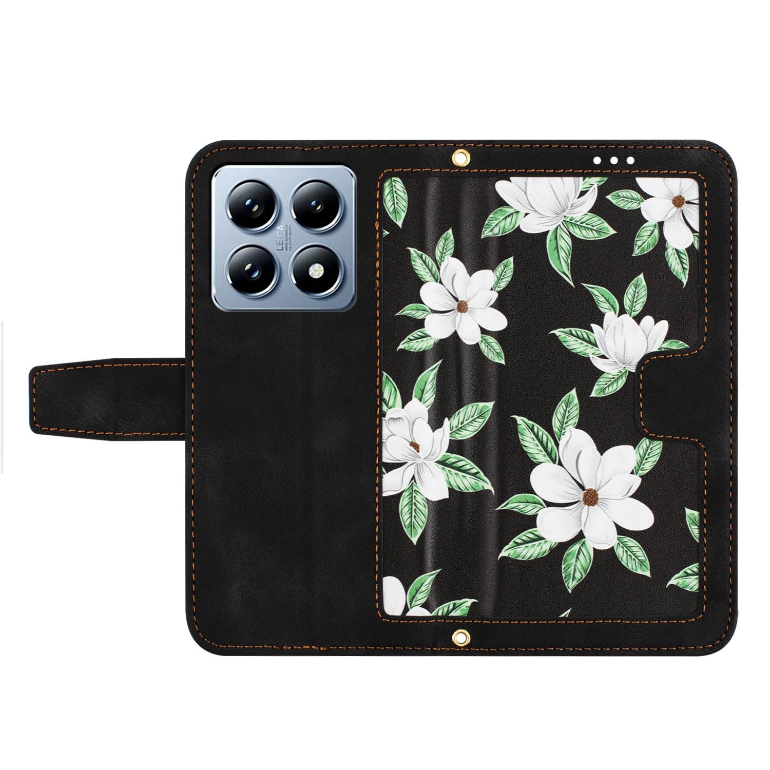 Für Xiaomi 14T Pro Kunstleder Wallet Handy Tasche Blumen Design Hülle Etuis Schwarz