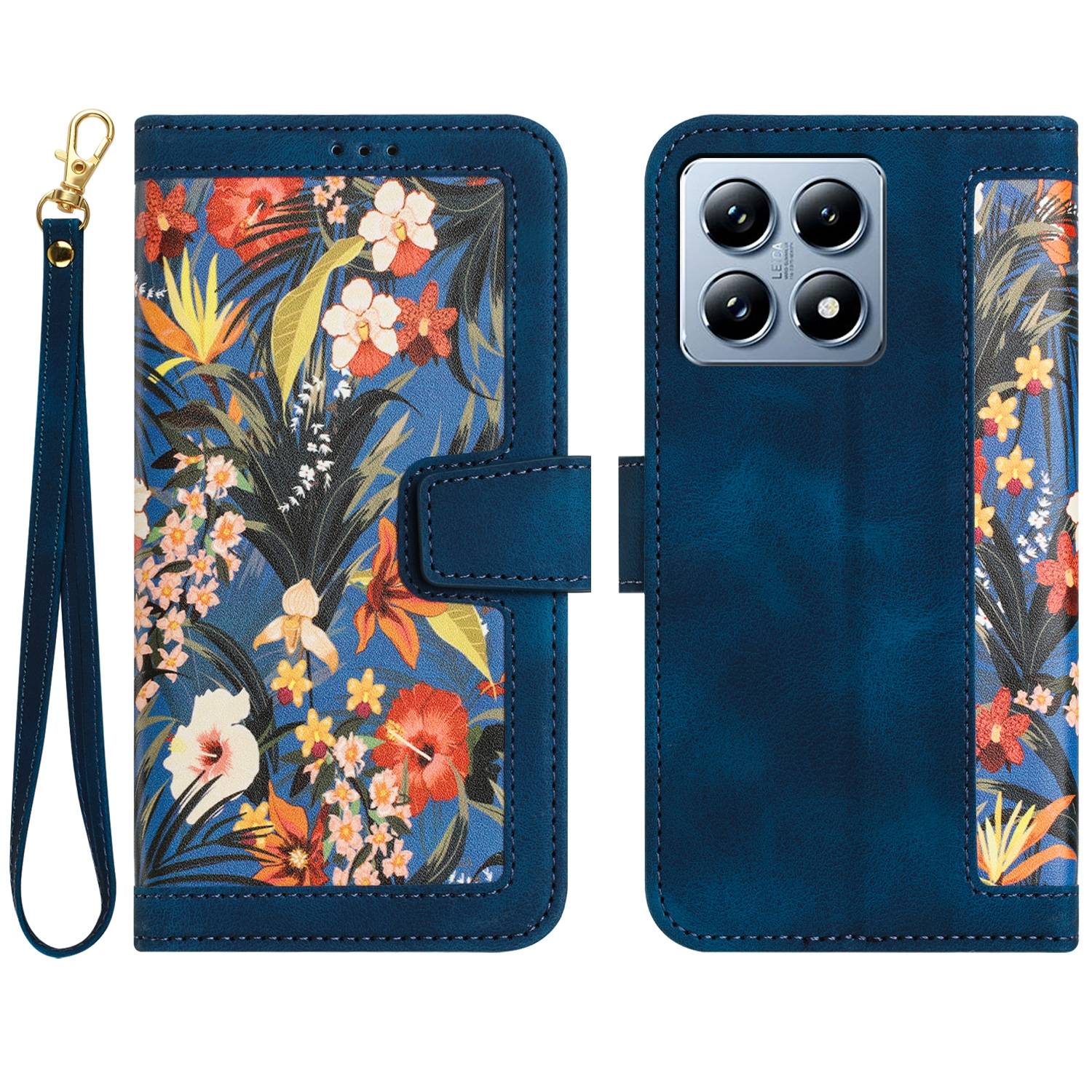Für Xiaomi 14T Pro Kunstleder Wallet Handy Tasche Blumen Design Hülle Etuis Dunkelblau