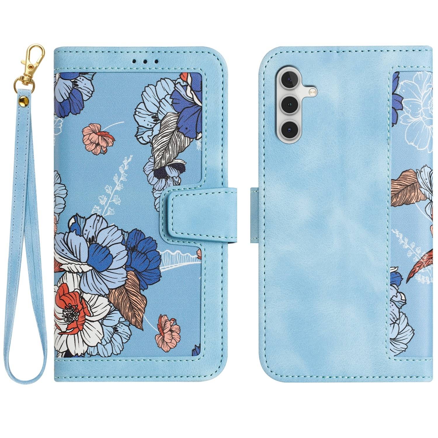 Für Samsung Galaxy S25 5G Kunstleder Wallet Handy Tasche Blumen Design Hülle Etuis Hellblau