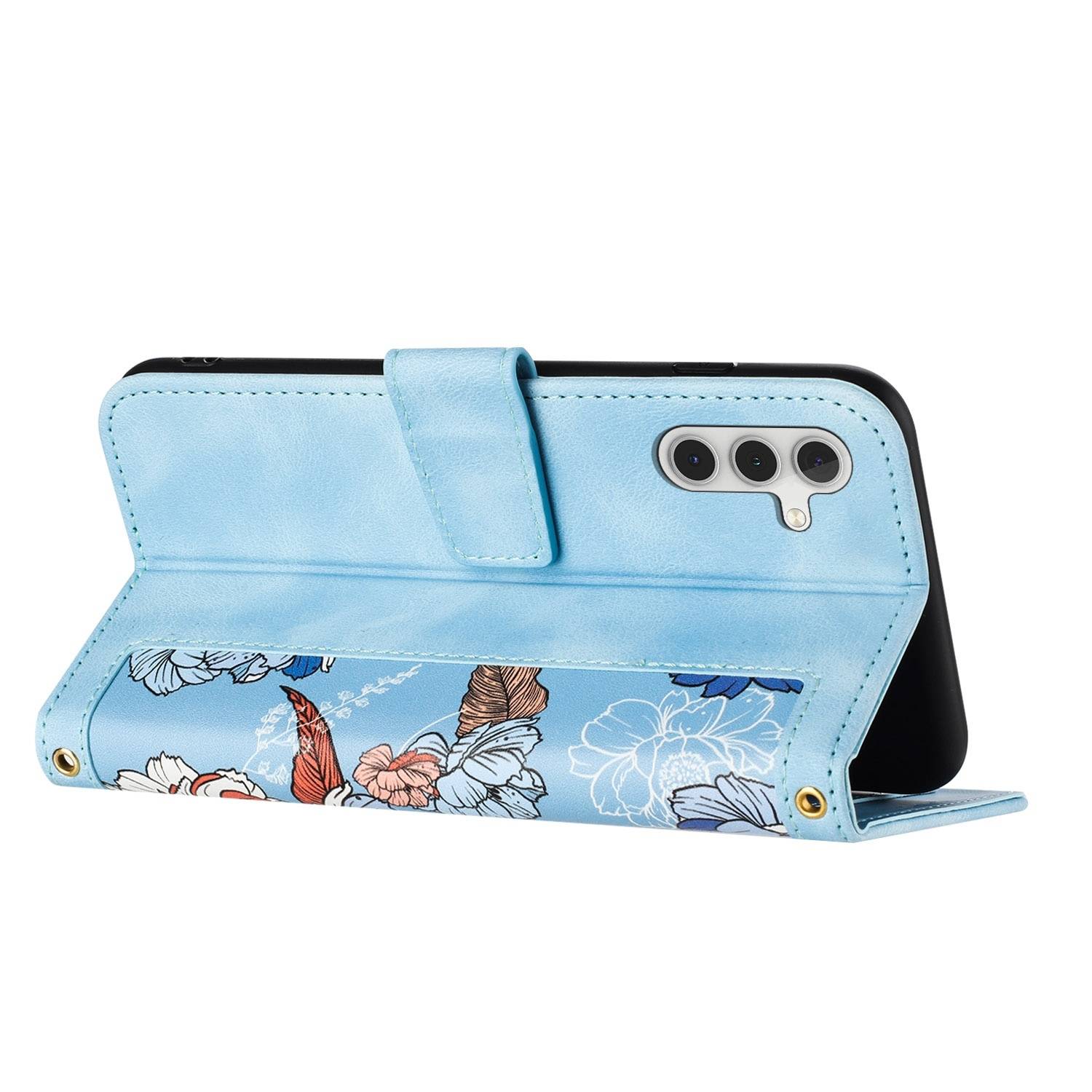 Für Samsung Galaxy S25 5G Kunstleder Wallet Handy Tasche Blumen Design Hülle Etuis Hellblau