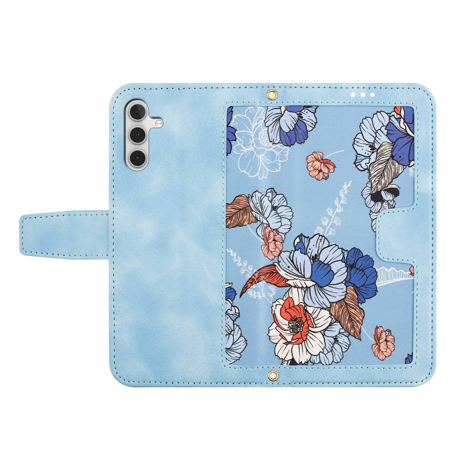 Für Samsung Galaxy S25 5G Kunstleder Wallet Handy Tasche Blumen Design Hülle Etuis Hellblau