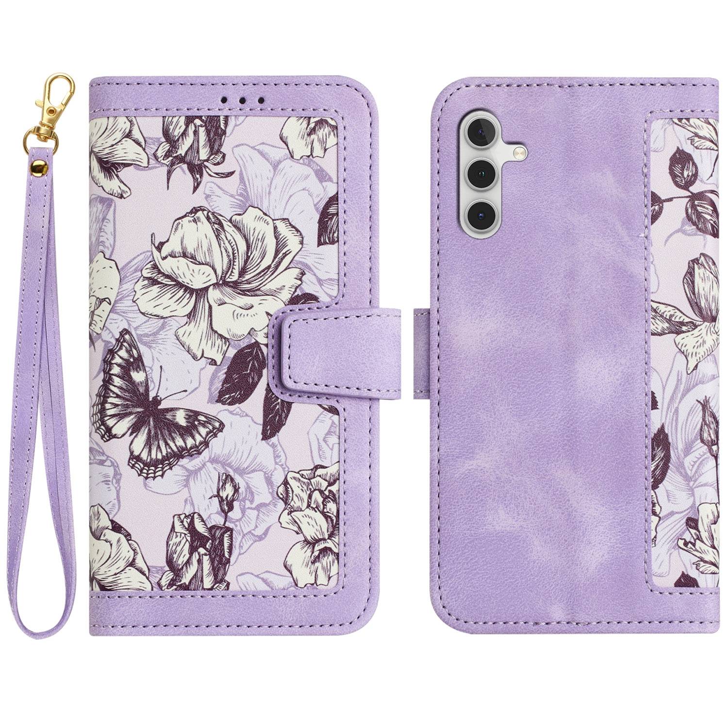 Für Samsung Galaxy S25 5G Kunstleder Wallet Handy Tasche Blumen Design Hülle Etuis Lila