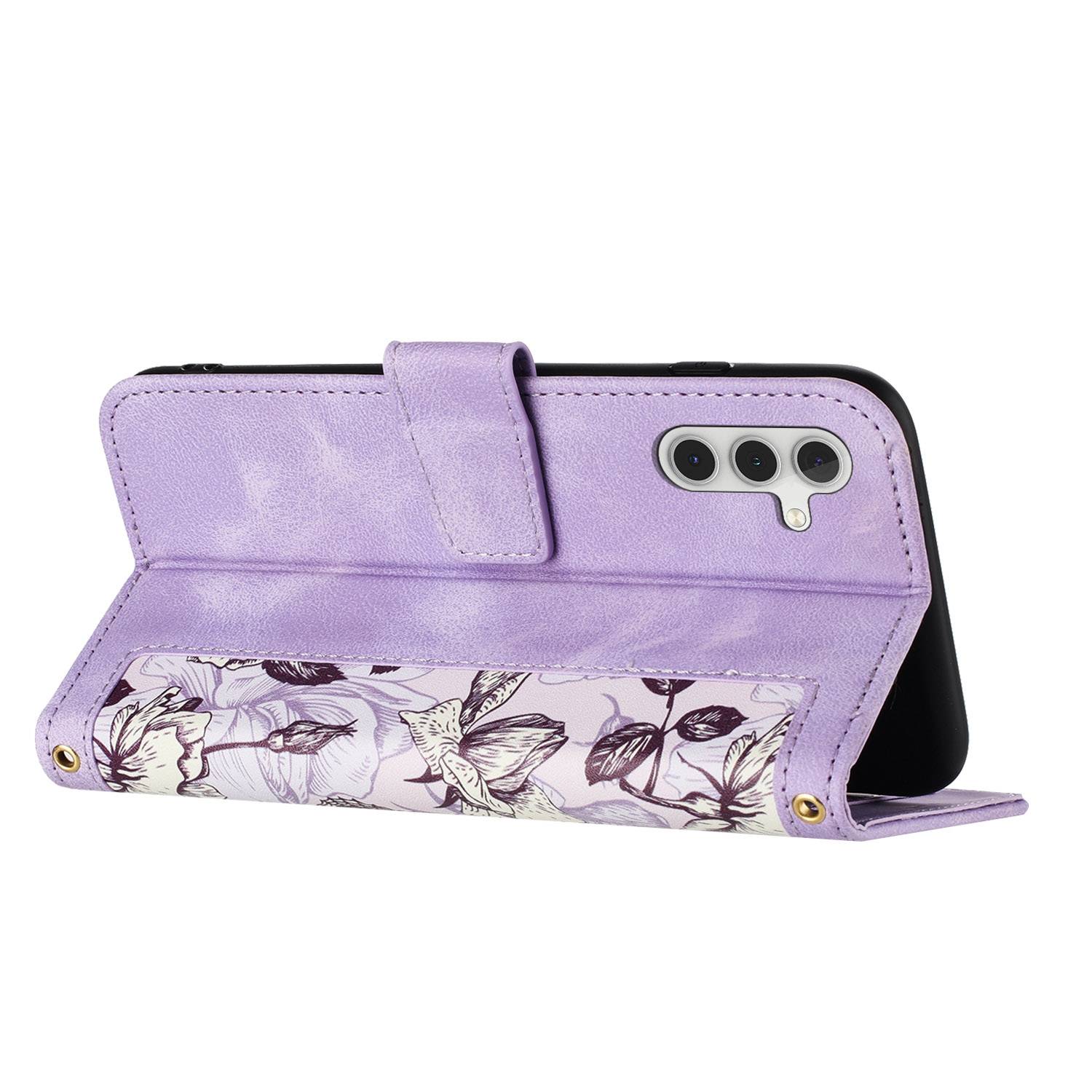 Für Samsung Galaxy S25 5G Kunstleder Wallet Handy Tasche Blumen Design Hülle Etuis Lila