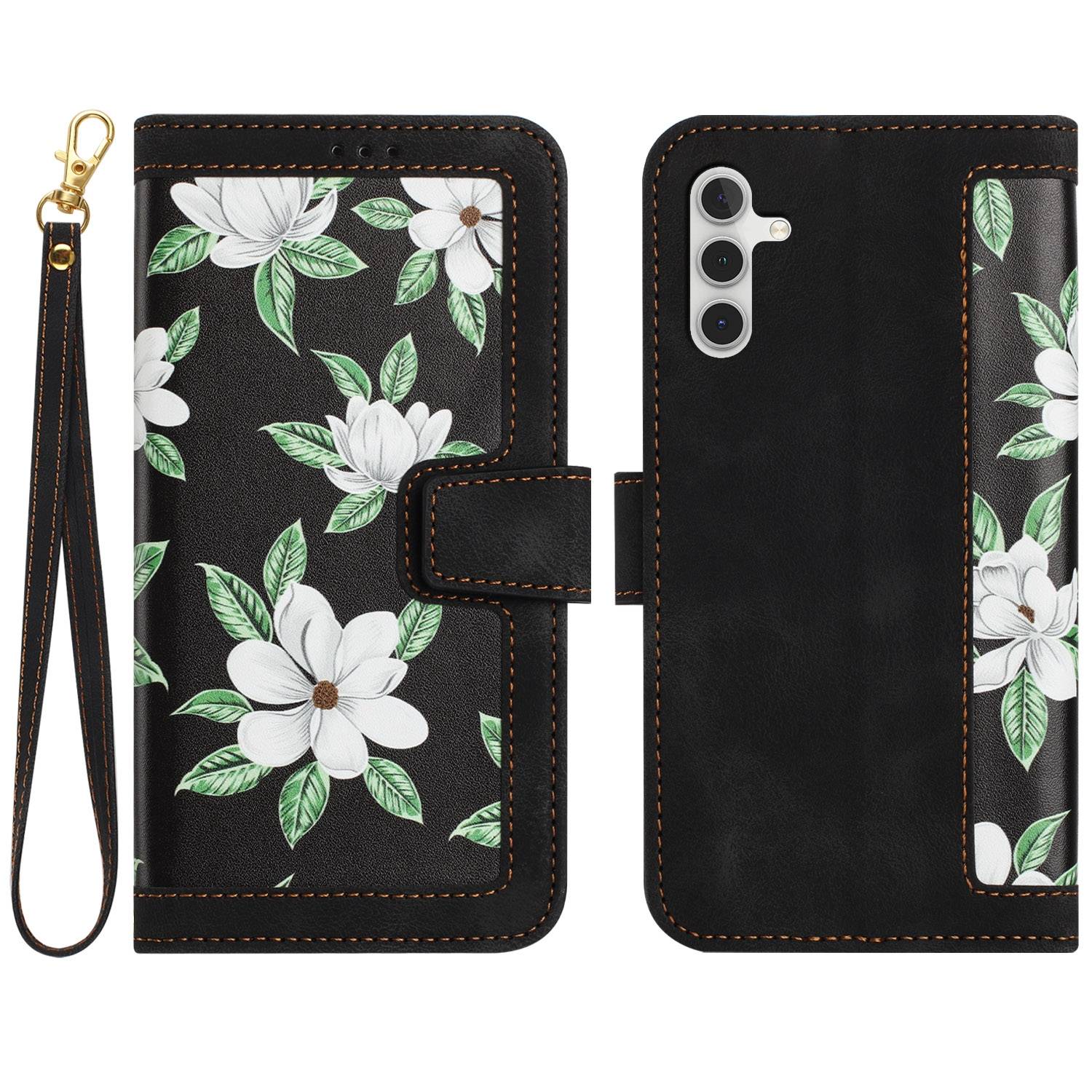 Für Samsung Galaxy S25 5G Kunstleder Wallet Handy Tasche Blumen Design Hülle Etuis Schwarz