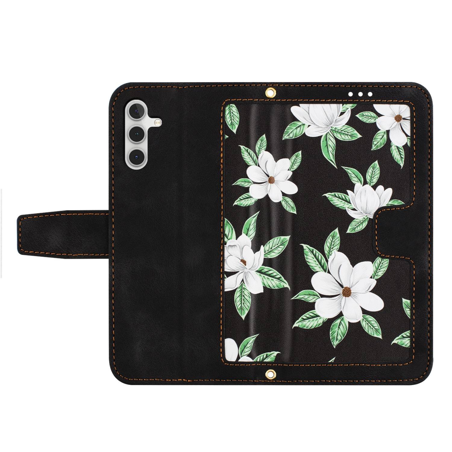 Für Samsung Galaxy S25 5G Kunstleder Wallet Handy Tasche Blumen Design Hülle Etuis Schwarz