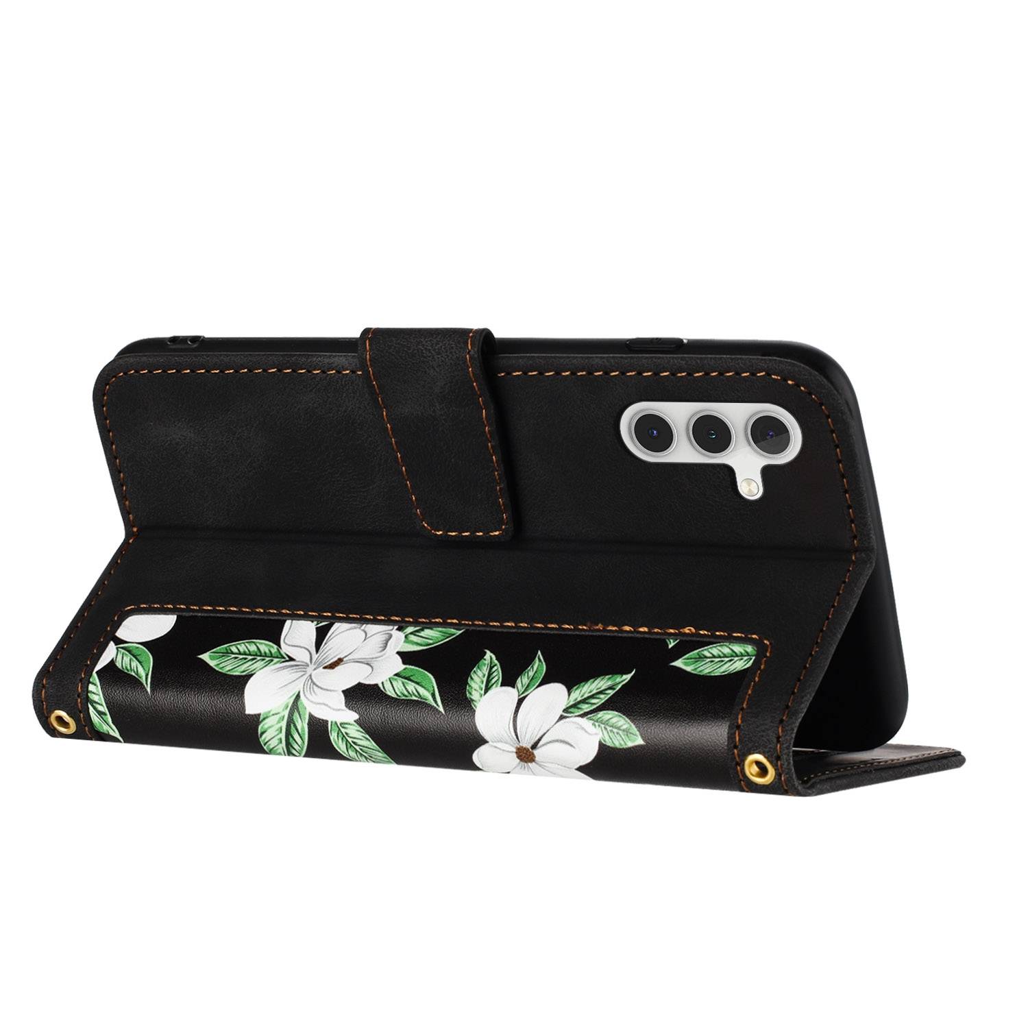 Für Samsung Galaxy S25 5G Kunstleder Wallet Handy Tasche Blumen Design Hülle Etuis Schwarz