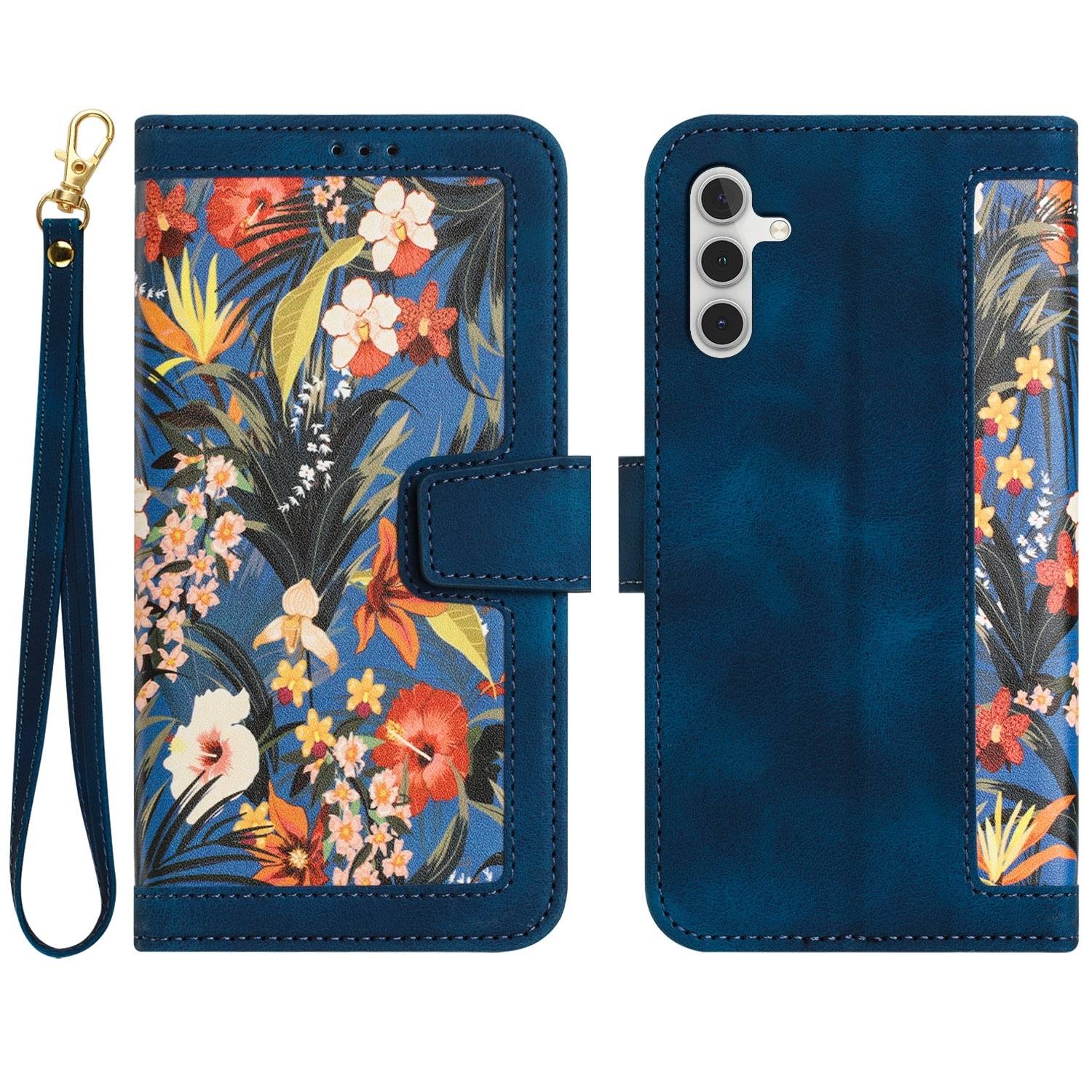 Für Samsung Galaxy S25 5G Kunstleder Wallet Handy Tasche Blumen Design Hülle Etuis Dunkelblau