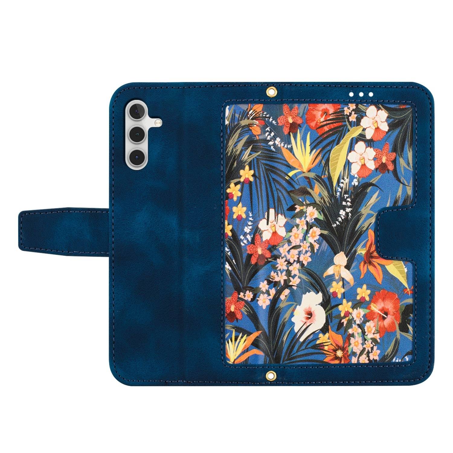 Für Samsung Galaxy S25 5G Kunstleder Wallet Handy Tasche Blumen Design Hülle Etuis Dunkelblau