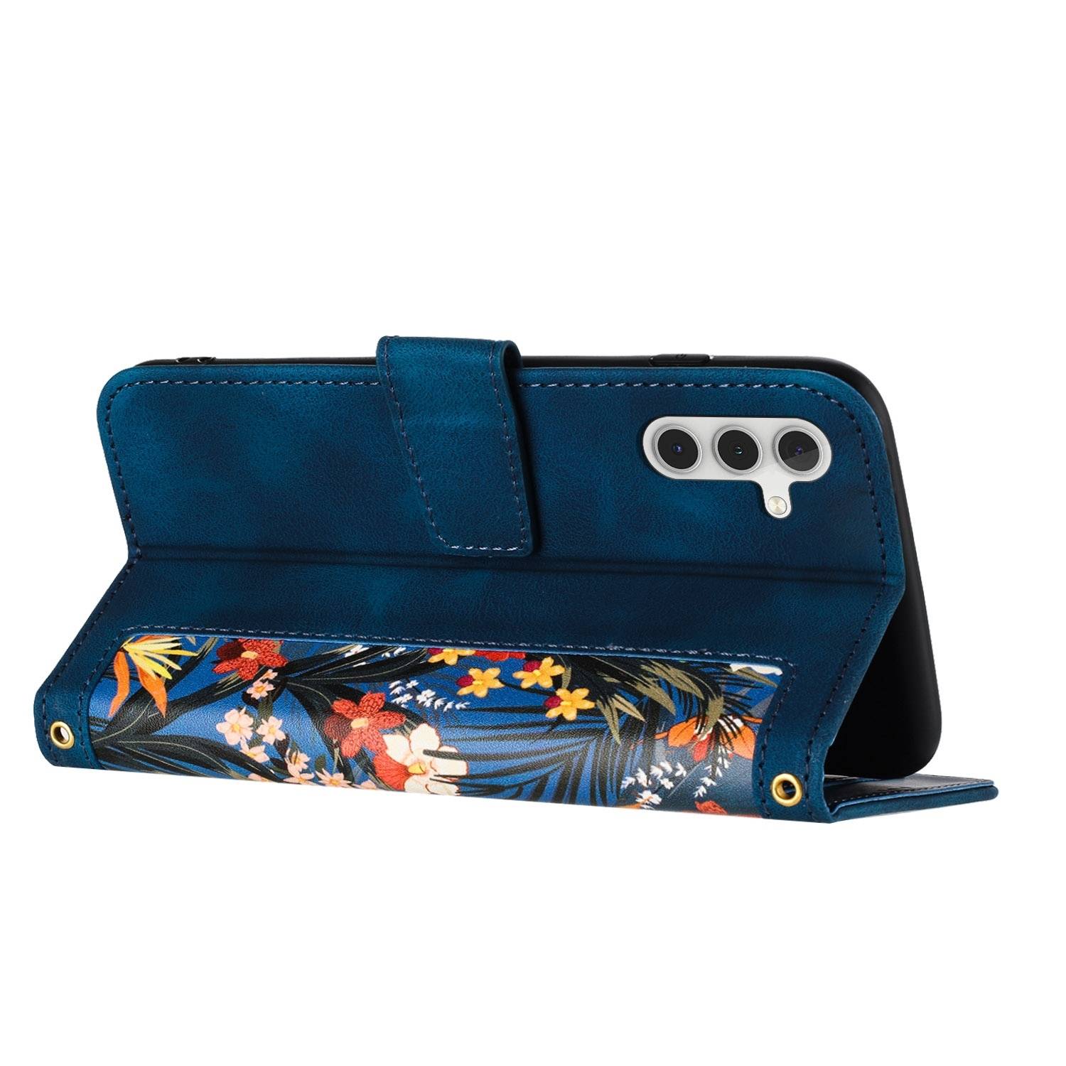 Für Samsung Galaxy S25 5G Kunstleder Wallet Handy Tasche Blumen Design Hülle Etuis Dunkelblau