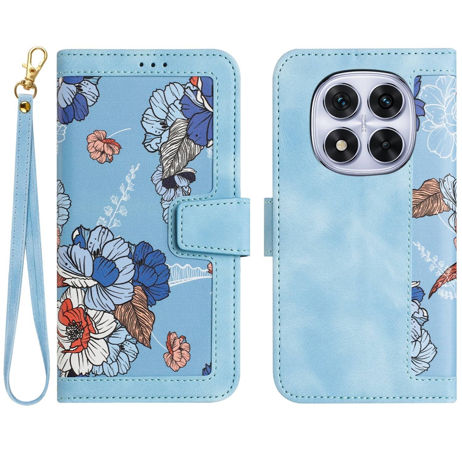 Für Xiaomi Redmi Note 14 Pro 5G Kunstleder Wallet Handy Tasche Blumen Design Hülle Etuis Hellblau