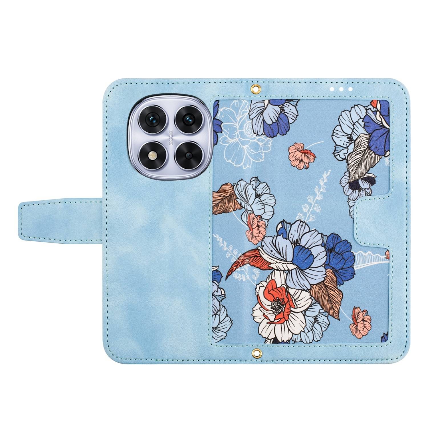 Für Xiaomi Redmi Note 14 Pro 5G Kunstleder Wallet Handy Tasche Blumen Design Hülle Etuis Hellblau