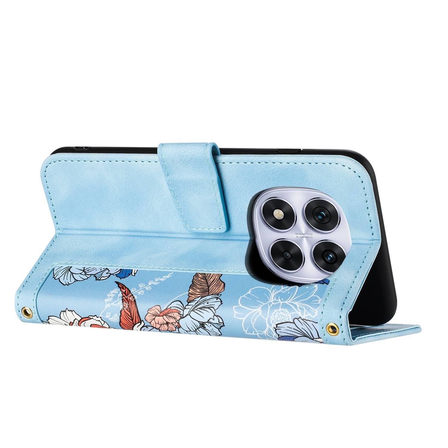 Für Xiaomi Redmi Note 14 Pro 5G Kunstleder Wallet Handy Tasche Blumen Design Hülle Etuis Hellblau
