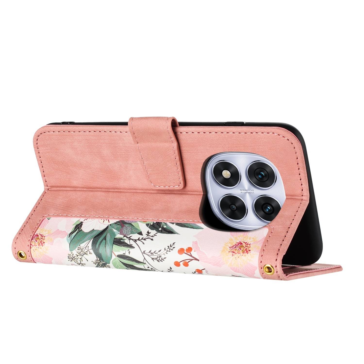 Für Xiaomi Redmi Note 14 Pro 5G Kunstleder Wallet Handy Tasche Blumen Design Hülle Etuis Rosa