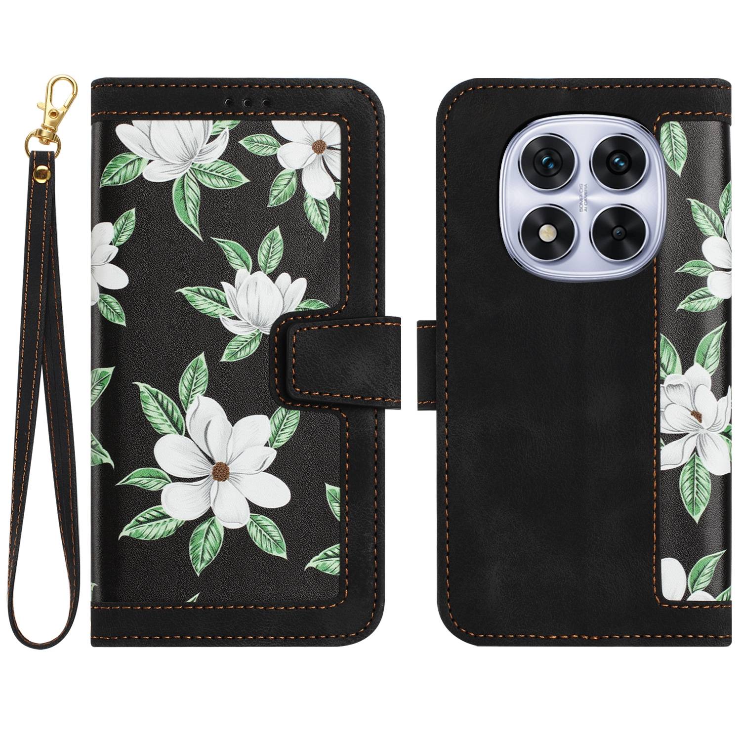 Für Xiaomi Redmi Note 14 Pro 5G Kunstleder Wallet Handy Tasche Blumen Design Hülle Etuis Schwarz