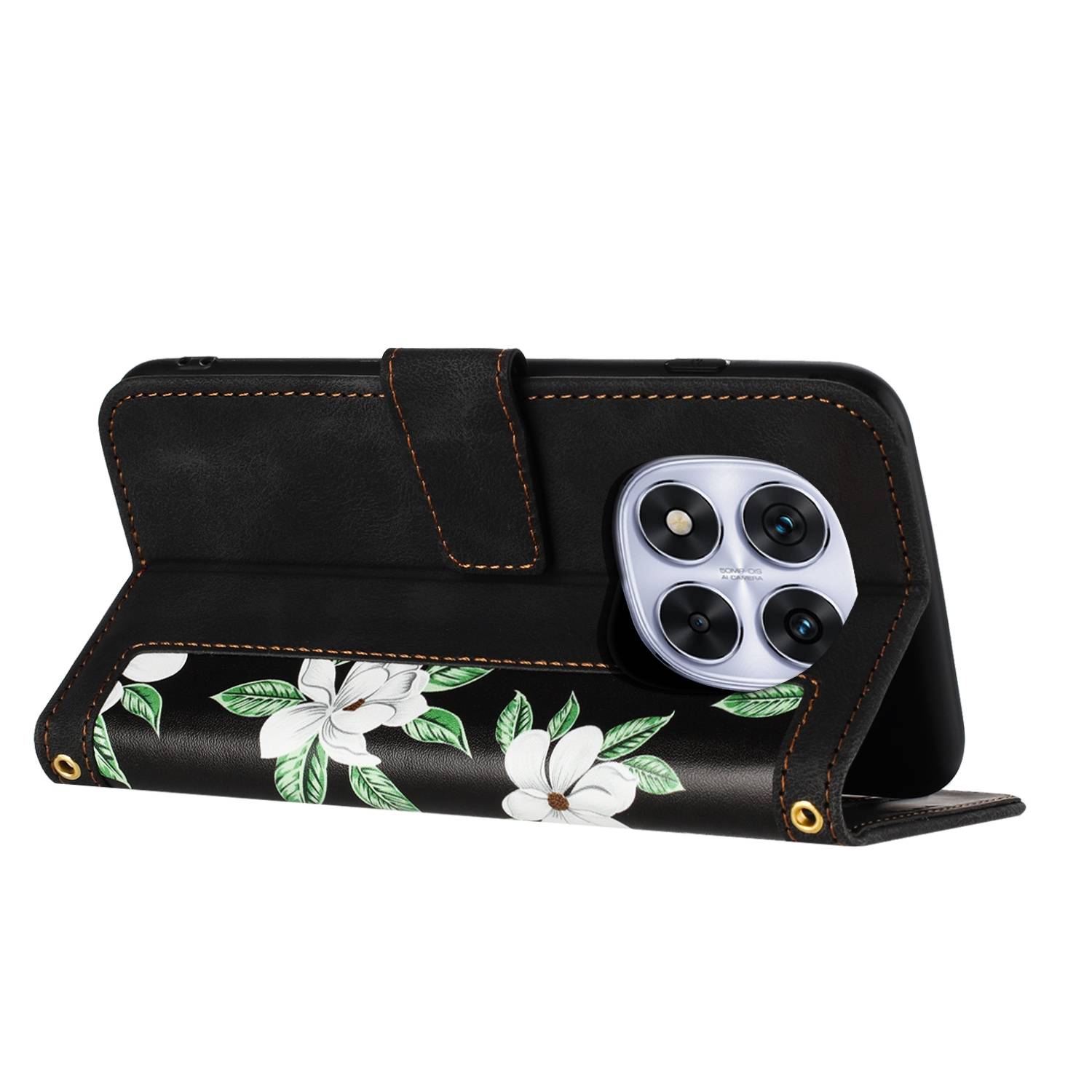 Für Xiaomi Redmi Note 14 Pro 5G Kunstleder Wallet Handy Tasche Blumen Design Hülle Etuis Schwarz