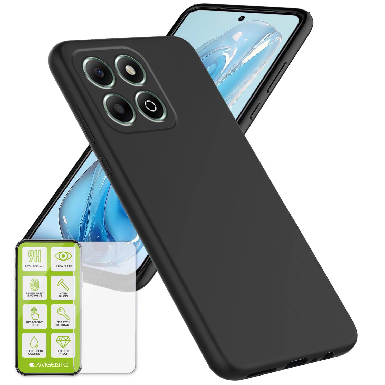 Für ZTE Blade A55 Silikon TPU Schutz Hülle Schwarz + H9 Hart Glas Folie