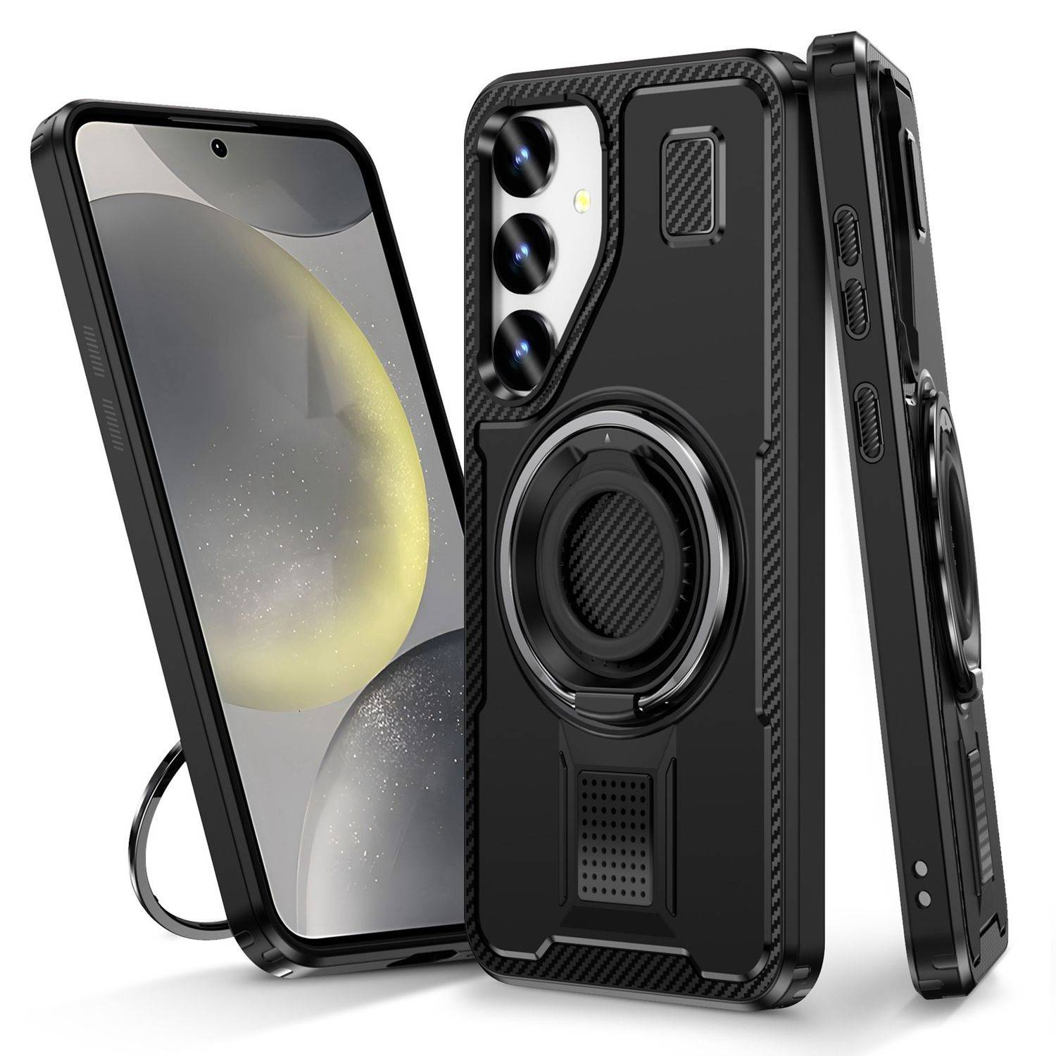 Für Samsung Galaxy S25 5G Carbonfaser Ringhalter Hybrid TPU Hülle Cover Schwarz