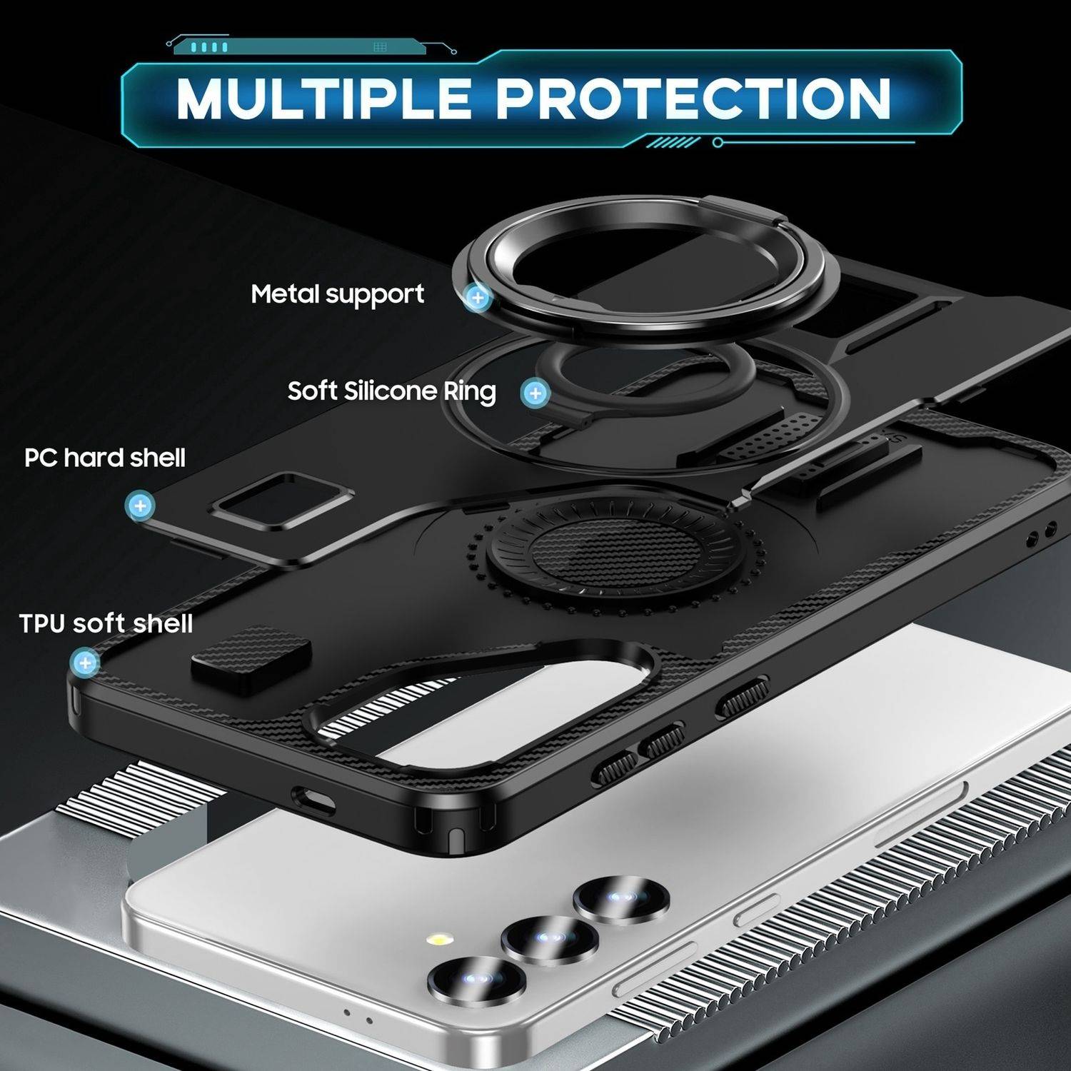 Für Samsung Galaxy S25 Plus 5G Carbonfaser Ringhalter Hybrid TPU Hülle Schwarz