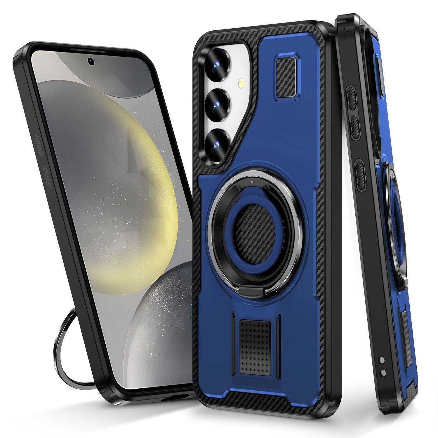 Für Samsung Galaxy S25 5G Carbonfaser Ringhalter Hybrid TPU Hülle Cover Blau