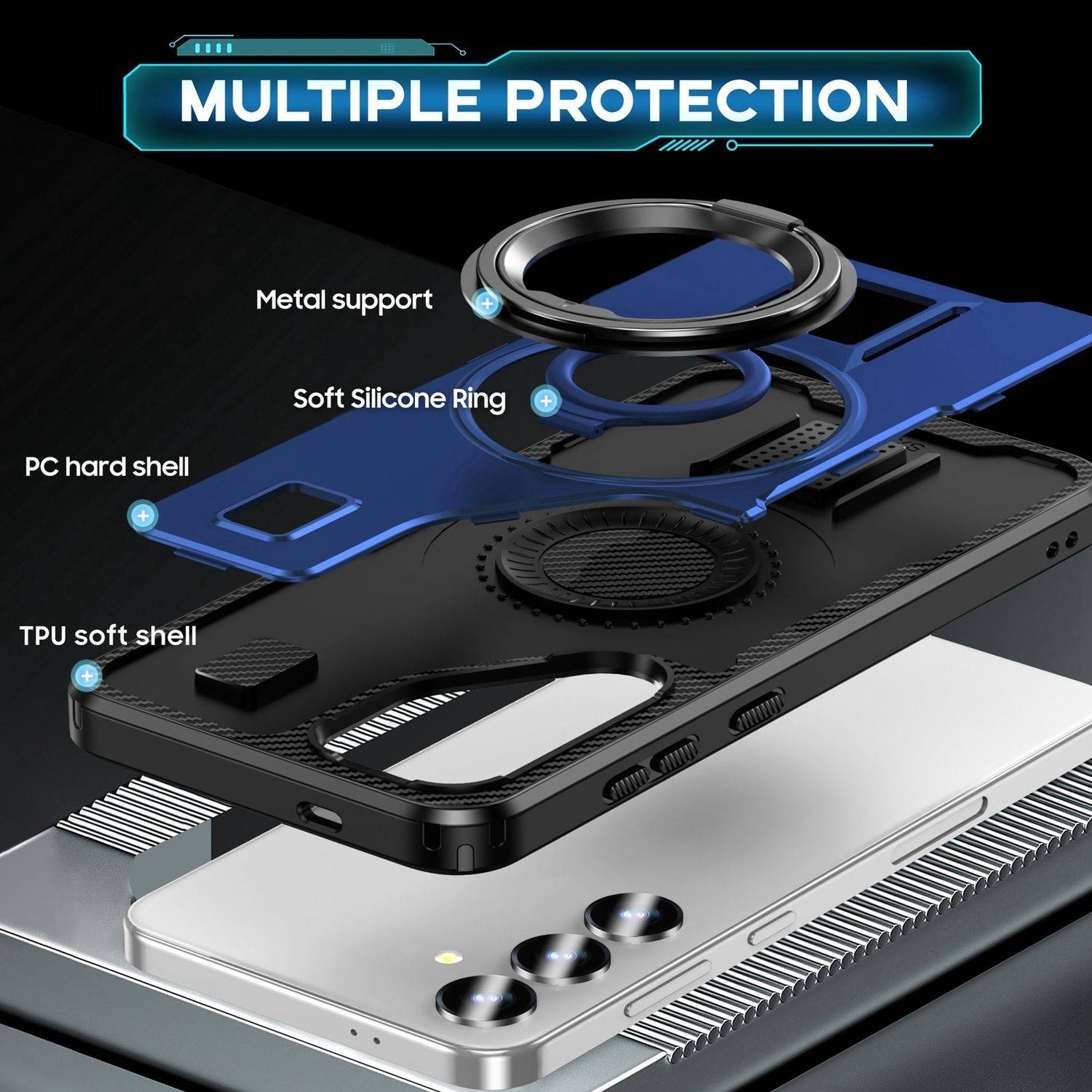 Für Samsung Galaxy S25 5G Carbonfaser Ringhalter Hybrid TPU Hülle Cover Blau